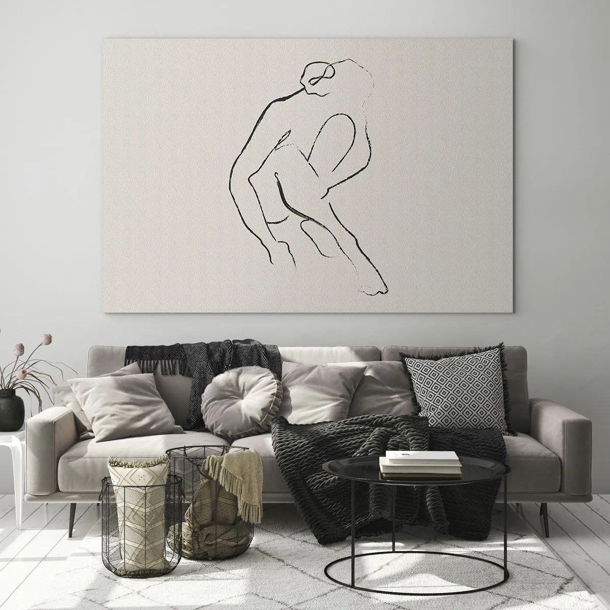 Impression sur verre - Image sur verre - Un croquis minimaliste d'une silhouette féminine en position assise. - 70x50cm - Croquis intime - Décoration murale moderne pour le salon et la chambre ARTTOR