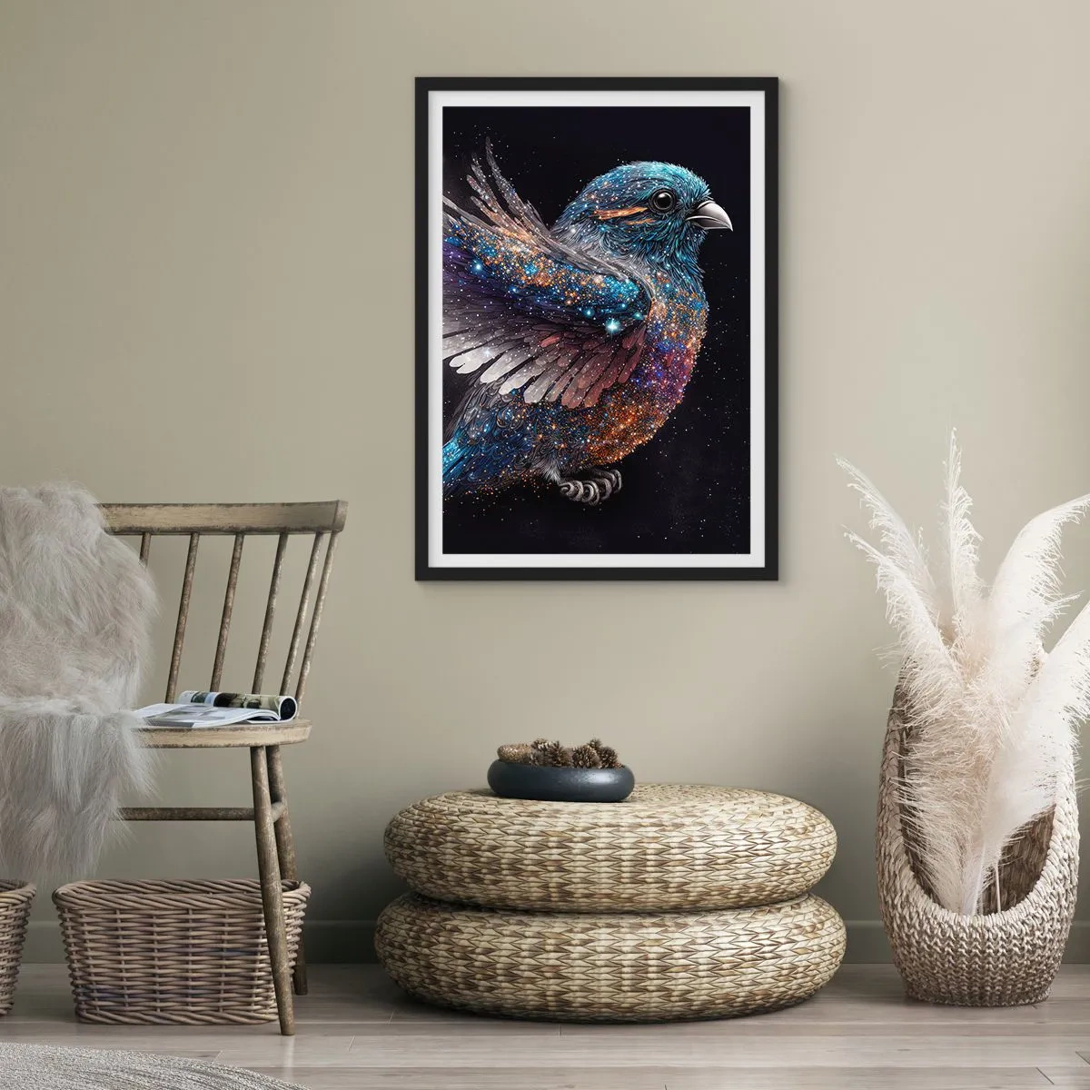 Affiche dans un cadre noir - Poster - Un oiseau de l'espace au plumage étoilé sur fond noir - 50x70cm - Moineau de diamant - Décoration murale moderne pour le salon et la chambre ARTTOR