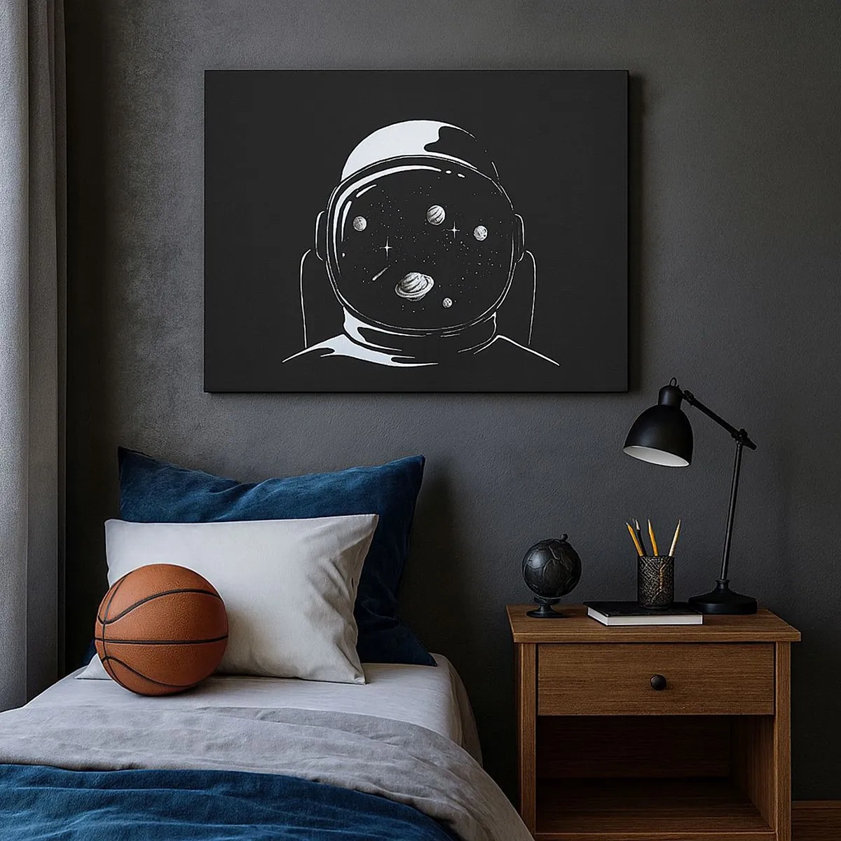 Impression sur toile - Image sur toile - Un casque d'astronaute minimaliste avec vue sur l'espace - 70x50cm - Sympa la vue - Décoration murale moderne pour le salon et la chambre ARTTOR