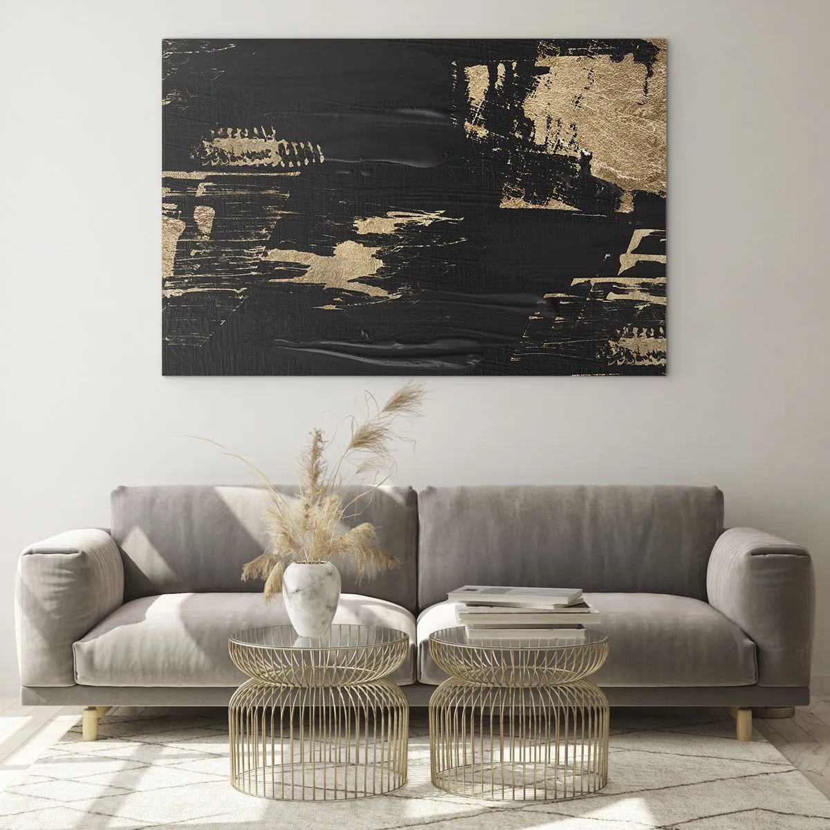 Impression sur verre - Image sur verre - Abstraction noire et dorée avec une texture semblable à un coup de pinceau - 70x50cm - Empreinte du toucher - Décoration murale moderne pour le salon et la chambre ARTTOR