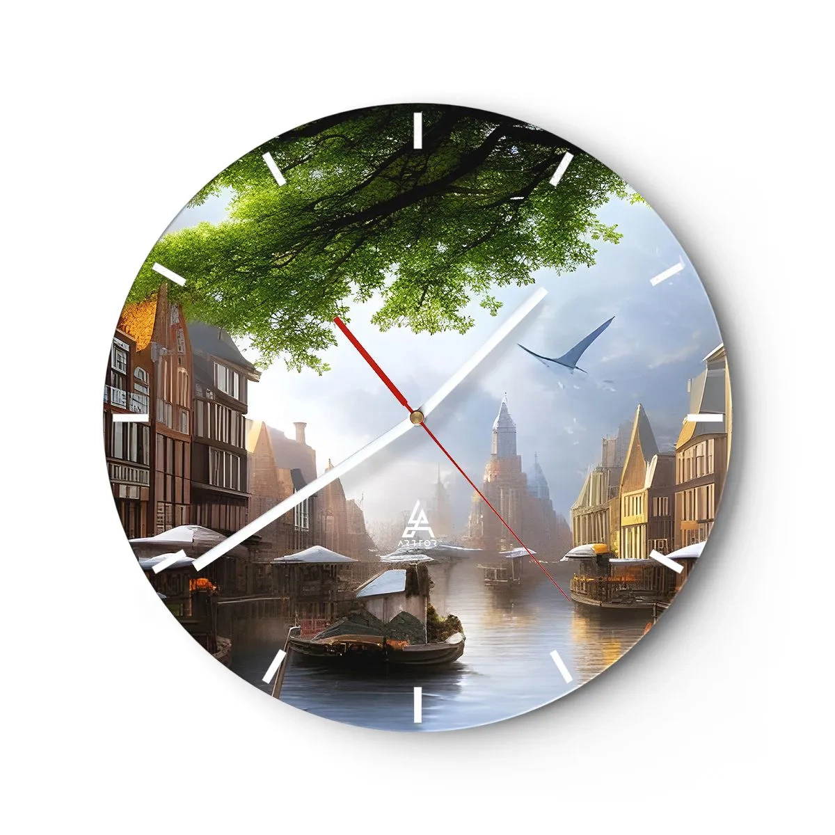 Horloge murale - Pendule murale - Canal d'eau avec bateaux et maisons historiques - 30x30cm - Paysage urbain néerlandais - Décoration murale moderne pour le salon, la cuisine et la chambre ARTTOR