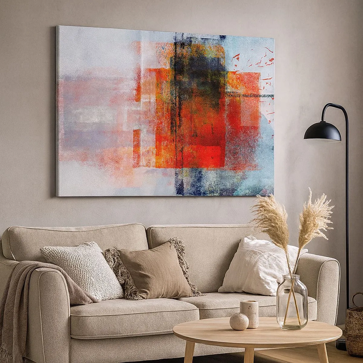 Impression sur toile - Image sur toile - Composition géométrique abstraite avec des accents rouges et oranges - 70x50cm - Composition embrasée - Décoration murale moderne pour le salon et la chambre ARTTOR
