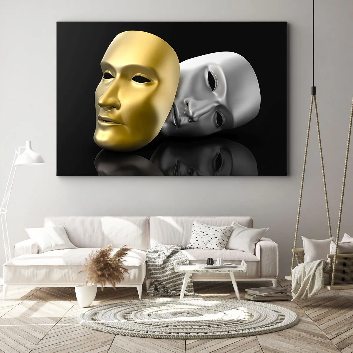 Impression sur toile - Image sur toile - Masque d'or et d'argent sur fond noir - 70x50cm - La vie est un théâtre - Décoration murale moderne pour le salon et la chambre ARTTOR