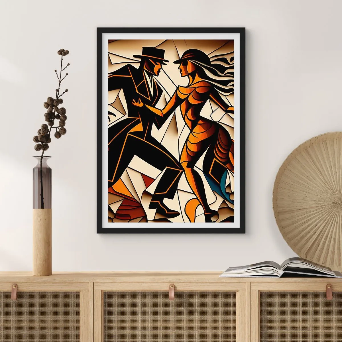 Affiche dans un cadre noir - Poster - Un couple dynamique dansant le tango dans un style cubiste. - 50x70cm - Danse de passion et de volupté - Décoration murale moderne pour le salon et la chambre ARTTOR