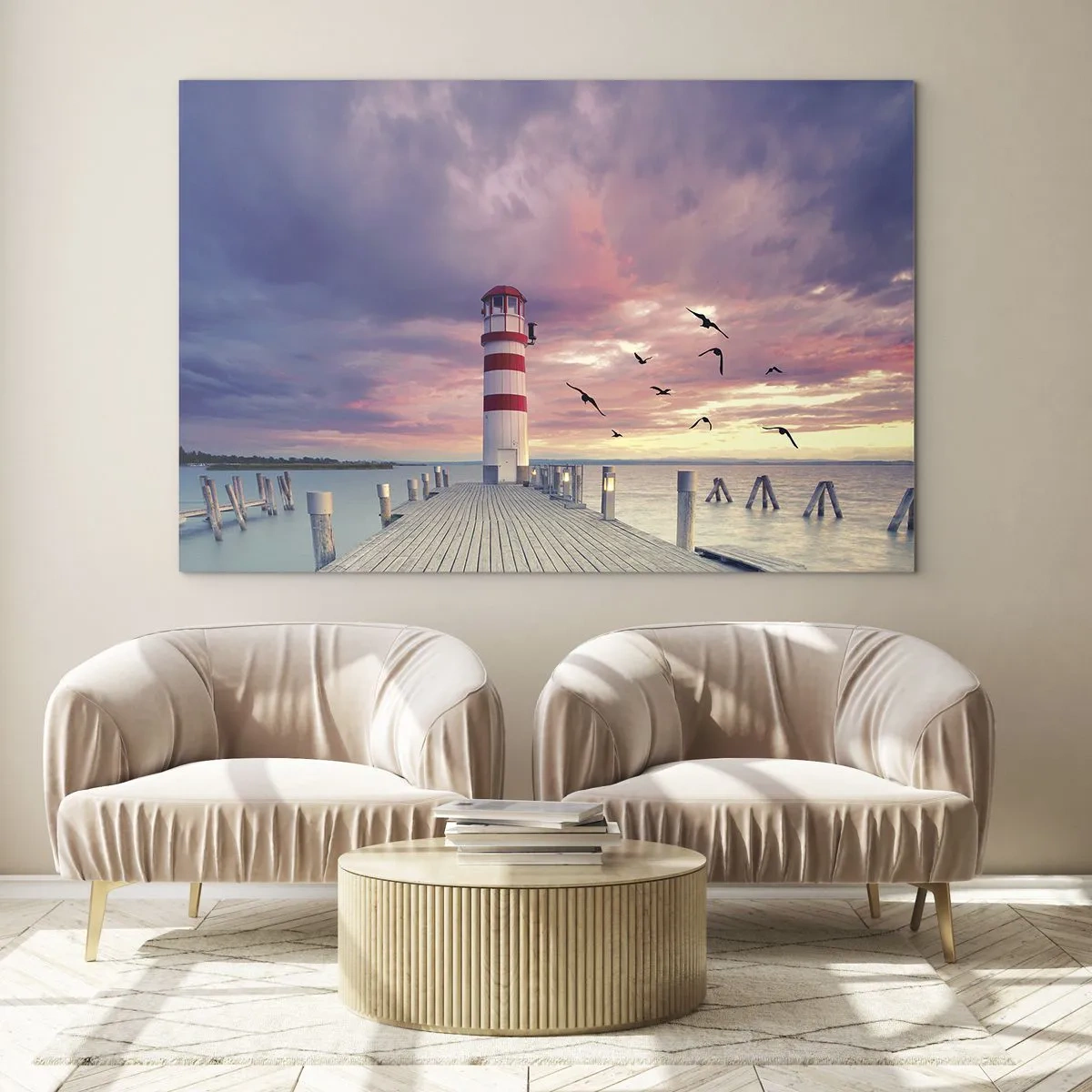 Impression sur verre - Image sur verre - Phare sur la jetée au coucher du soleil avec des oiseaux qui volent - 70x50cm - C'est l'heure d'aller au port - Décoration murale moderne pour le salon et la chambre ARTTOR