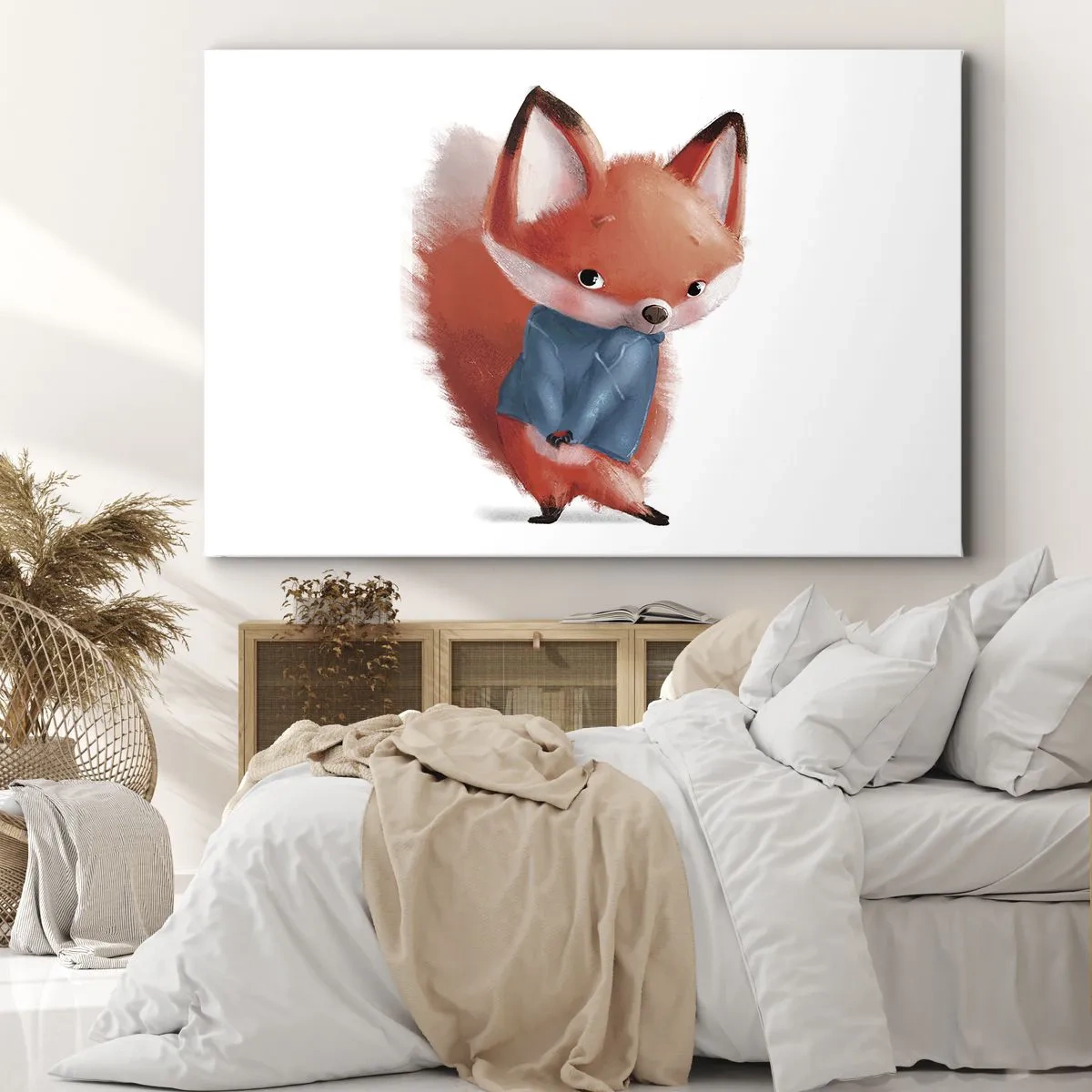 Impression sur toile - Image sur toile - Un renard mignon dans un costume bleu - 70x50cm - Est-ce que ça me va? - Décoration murale moderne pour le salon et la chambre ARTTOR