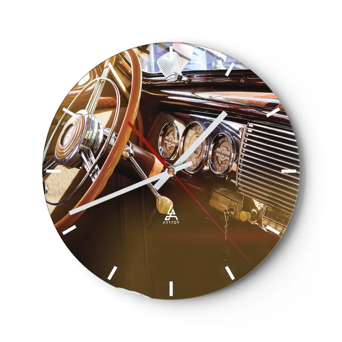 Horloge murale - Pendule murale - Intérieur de voiture classique avec garniture en bois - 30x30cm - Souffle de luxe venu du passé - Décoration murale moderne pour le salon, la cuisine et la chambre ARTTOR