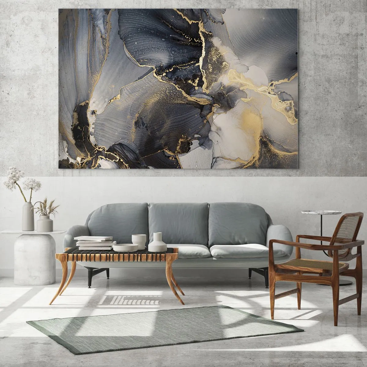 Impression sur verre - Image sur verre - Abstraction sombre avec un effet marbre et des veines dorées - 70x50cm - La vie de la pierre - Décoration murale moderne pour le salon et la chambre ARTTOR