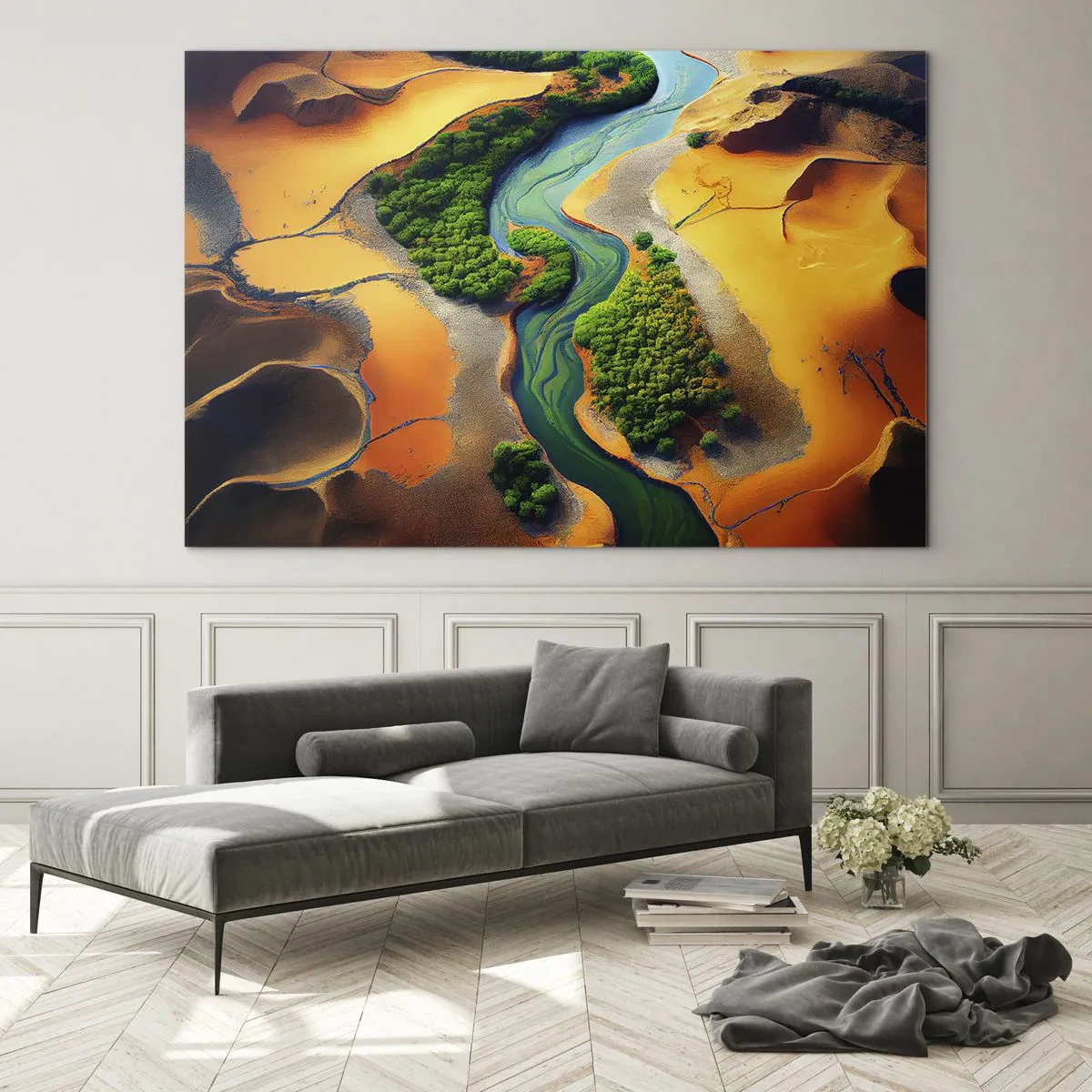 Impression sur verre - Image sur verre - Des oasis vertes et une rivière parmi des dunes oranges - 70x50cm - Rivière vivifiante - Décoration murale moderne pour le salon et la chambre ARTTOR