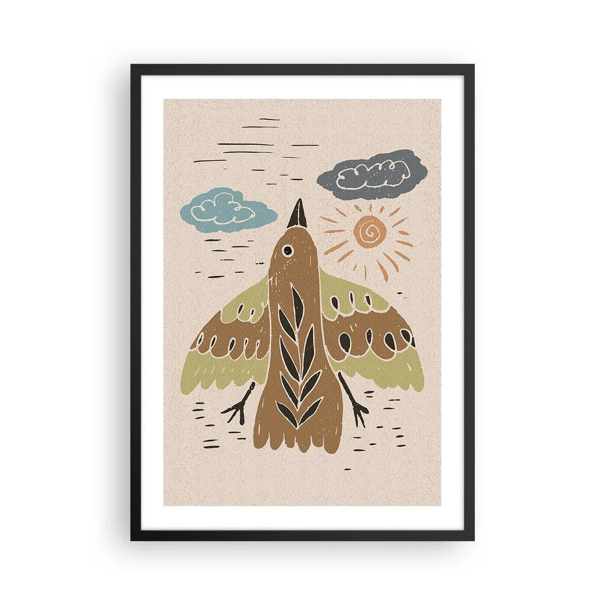 Affiche dans un cadre noir - Poster - Une illustration colorée d'un oiseau en vol, avec des nuages et le soleil en arrière-plan. - 50x70cm - Bon vol - Décoration murale moderne pour le salon et la chambre ARTTOR