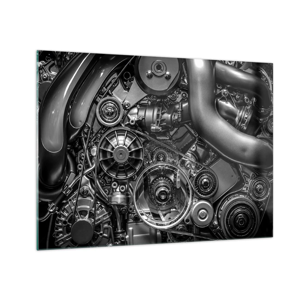 Impression sur verre - Image sur verre - Détail d'un moteur noir et blanc avec mécanismes visibles - 70x50cm - Poésie mécanique - Décoration murale moderne pour le salon et la chambre ARTTOR