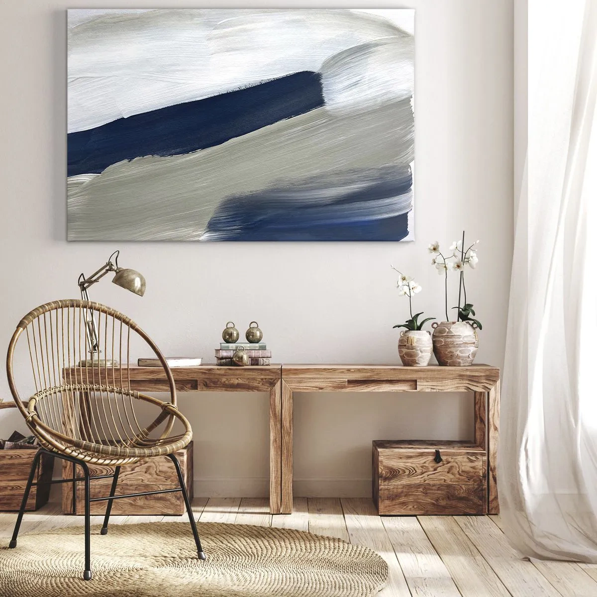Impression sur toile - Image sur toile - Coups de pinceau abstraits dans des tons de bleu et de gris - 70x50cm - Rencontre avec la blancheur - Décoration murale moderne pour le salon et la chambre ARTTOR