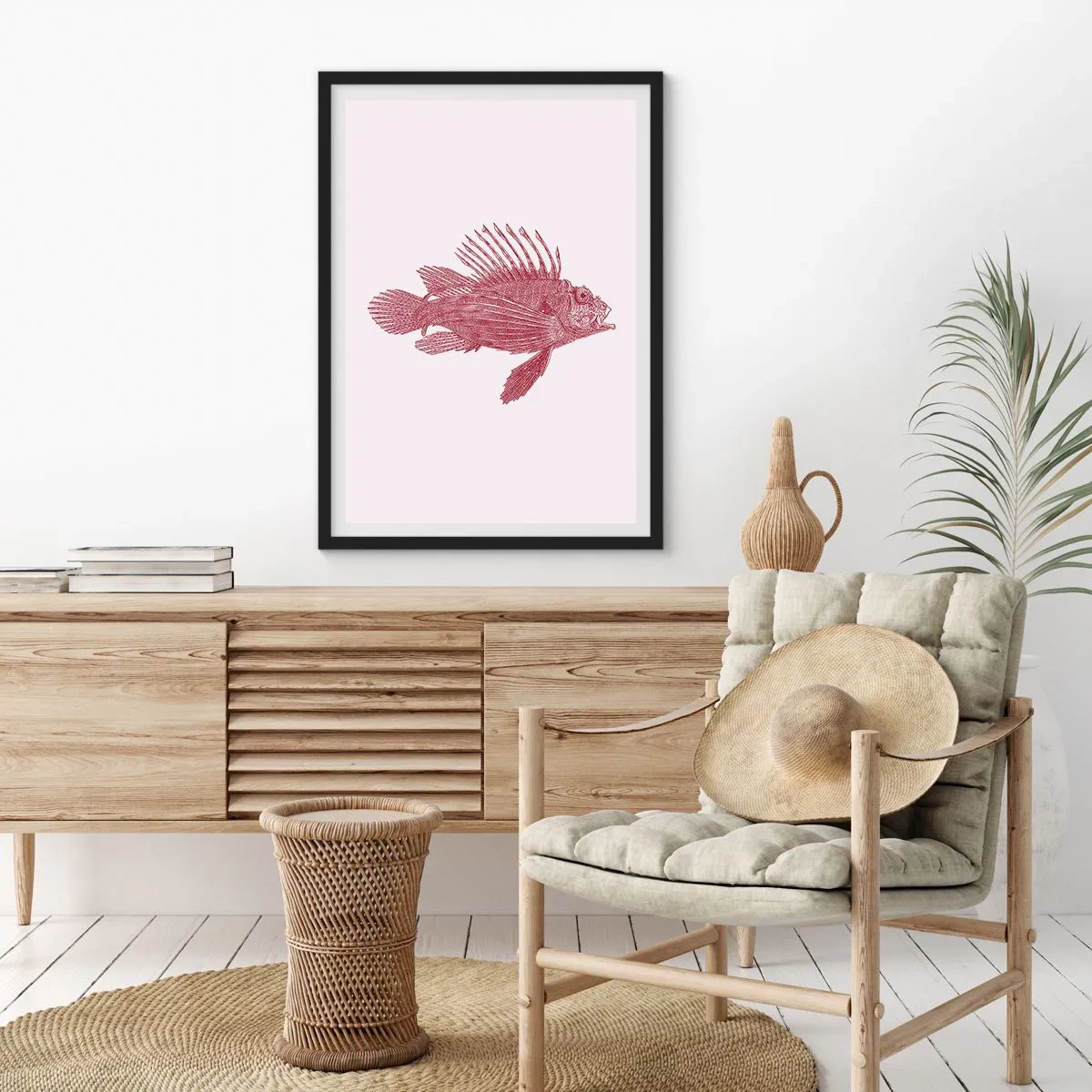 Affiche dans un cadre noir - Poster - Dessin de poisson de style vintage sur fond clair - 50x70cm - Un habitant des eaux exotiques - Décoration murale moderne pour le salon et la chambre ARTTOR