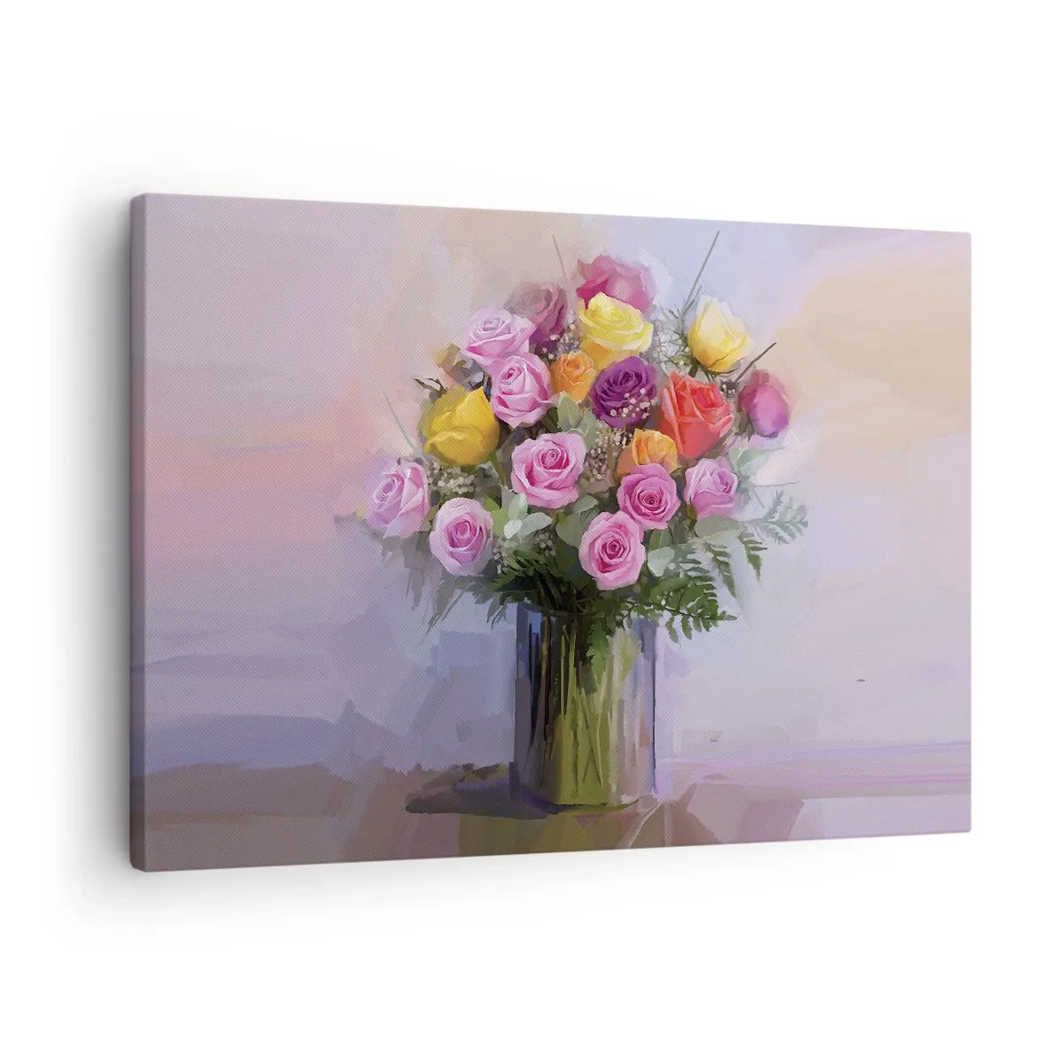 Impression sur toile - Image sur toile - Un bouquet de roses colorées dans un vase en verre - 70x50cm - Beauté conservée - Décoration murale moderne pour le salon et la chambre ARTTOR