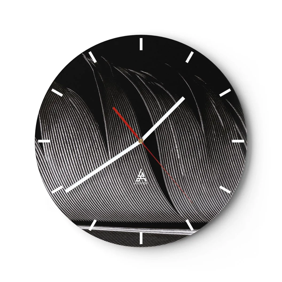 Horloge murale - Pendule murale - Gros plan d'une plume en noir et blanc contrasté - 30x30cm - La plume – un design magnifique - Décoration murale moderne pour le salon, la cuisine et la chambre ARTTOR