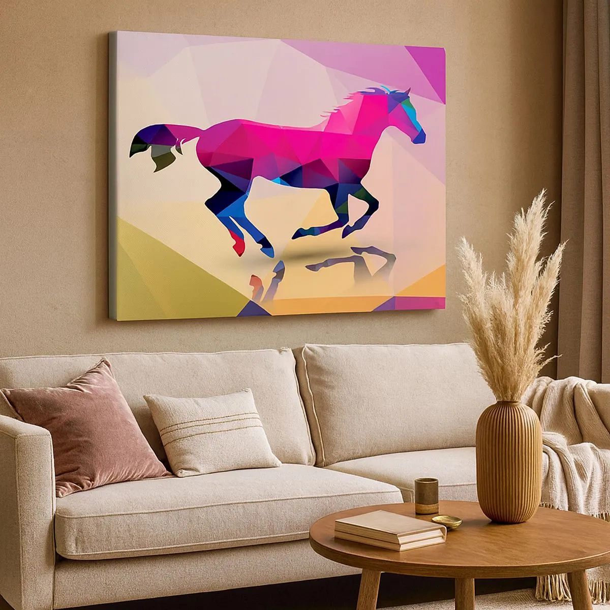 Impression sur toile - Image sur toile - Silhouette géométrique d'un cheval au galop aux couleurs vives - 70x50cm - Le cubisme toujours vivant - Décoration murale moderne pour le salon et la chambre ARTTOR