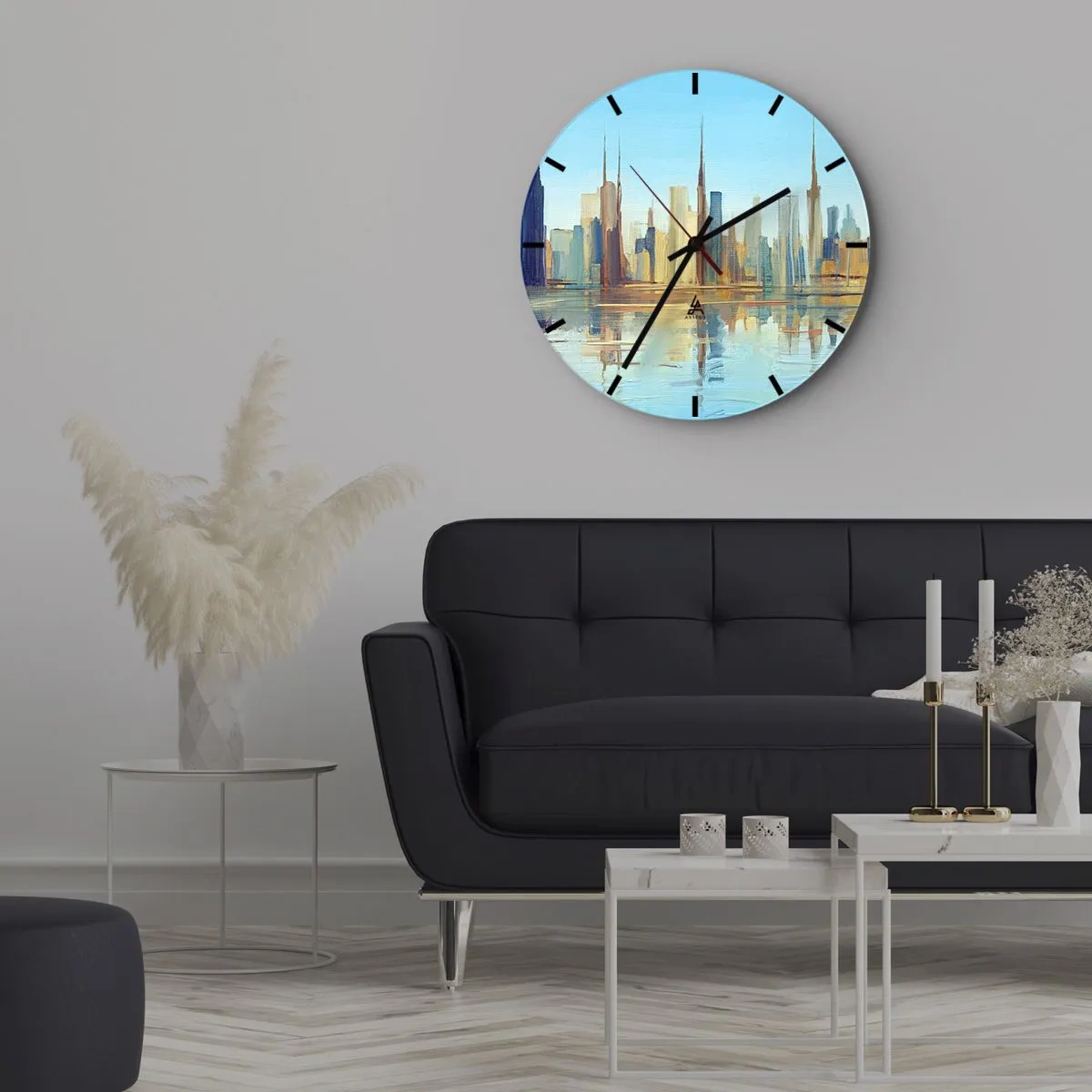 Horloge murale - Pendule murale - Le panorama de la ville se reflète dans l'eau dans des tons lumineux - 30x30cm - Une métropole ensoleillée - Décoration murale moderne pour le salon, la cuisine et la chambre ARTTOR