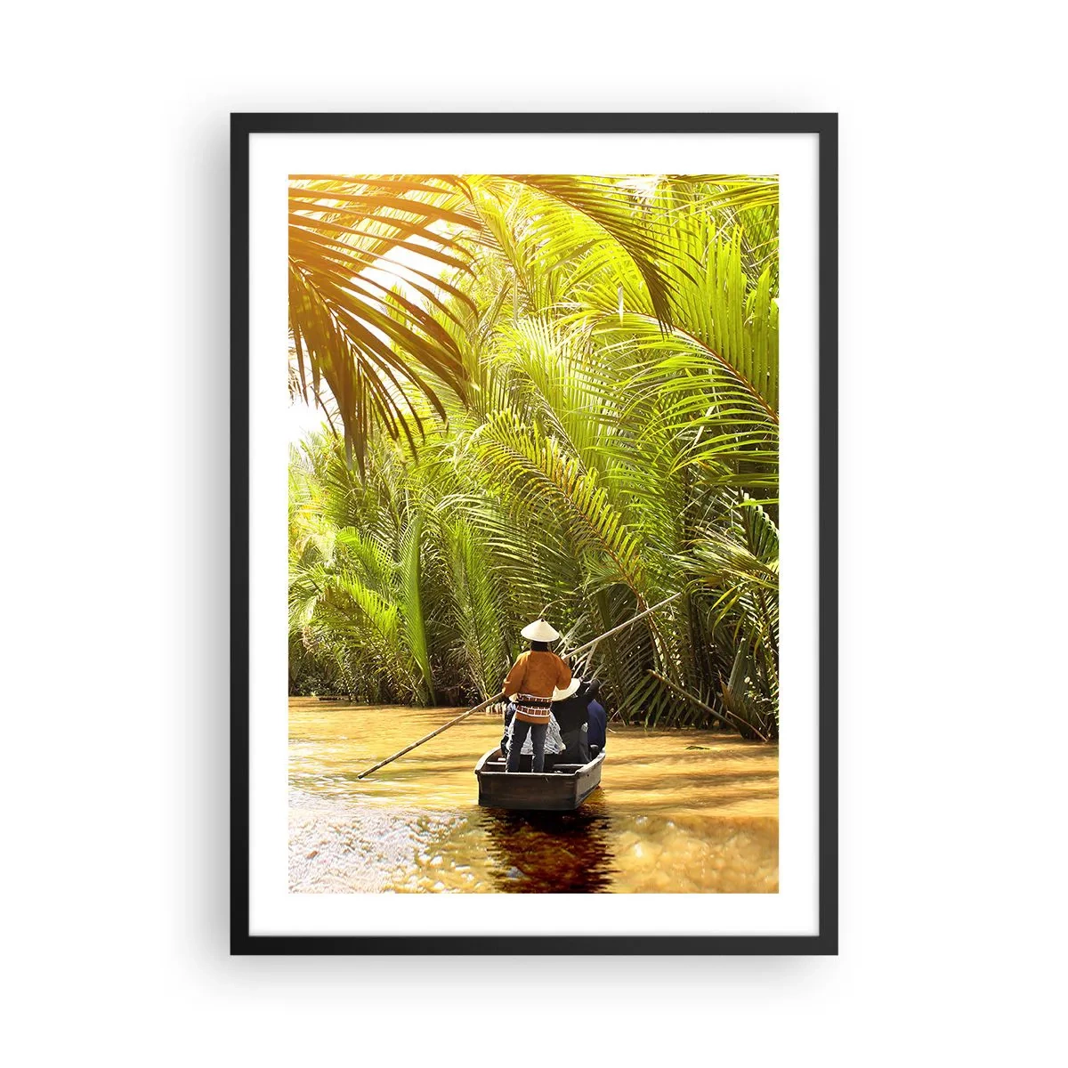 Affiche dans un cadre noir - Poster - Un bateau traditionnel dans une forêt tropicale de palmiers éclairé par le soleil - 50x70cm - Ravin de palmier - Décoration murale moderne pour le salon et la chambre ARTTOR
