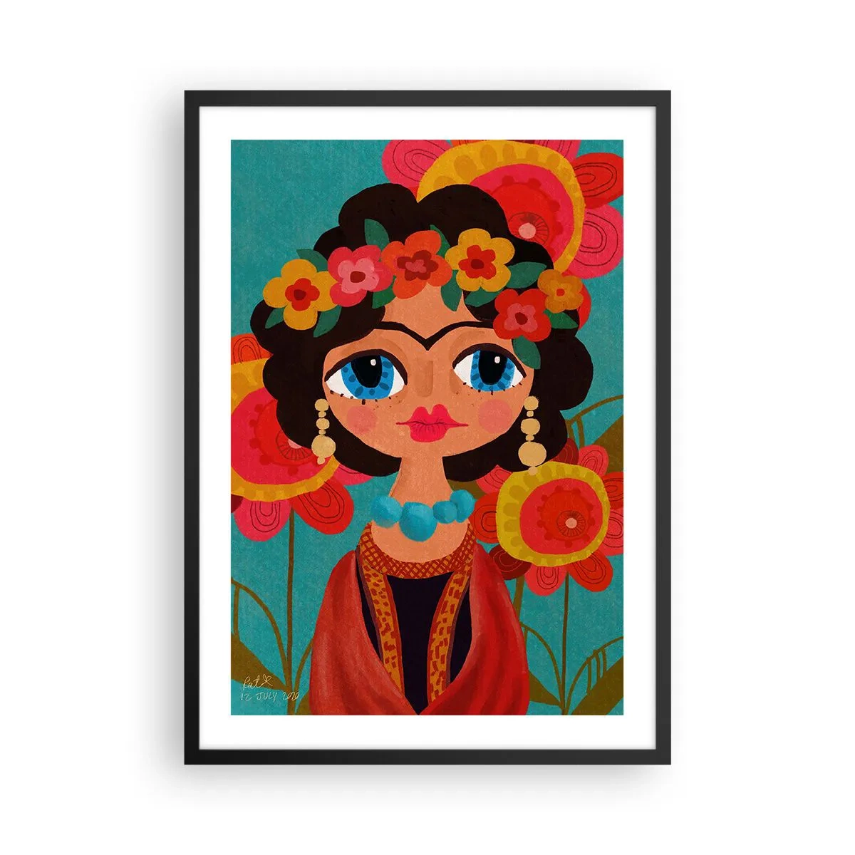 Affiche dans un cadre noir - Poster - Portrait coloré d'une femme en style folklorique et une couronne de fleurs - 50x70cm - Mademoiselle coquelicot - Décoration murale moderne pour le salon et la chambre ARTTOR