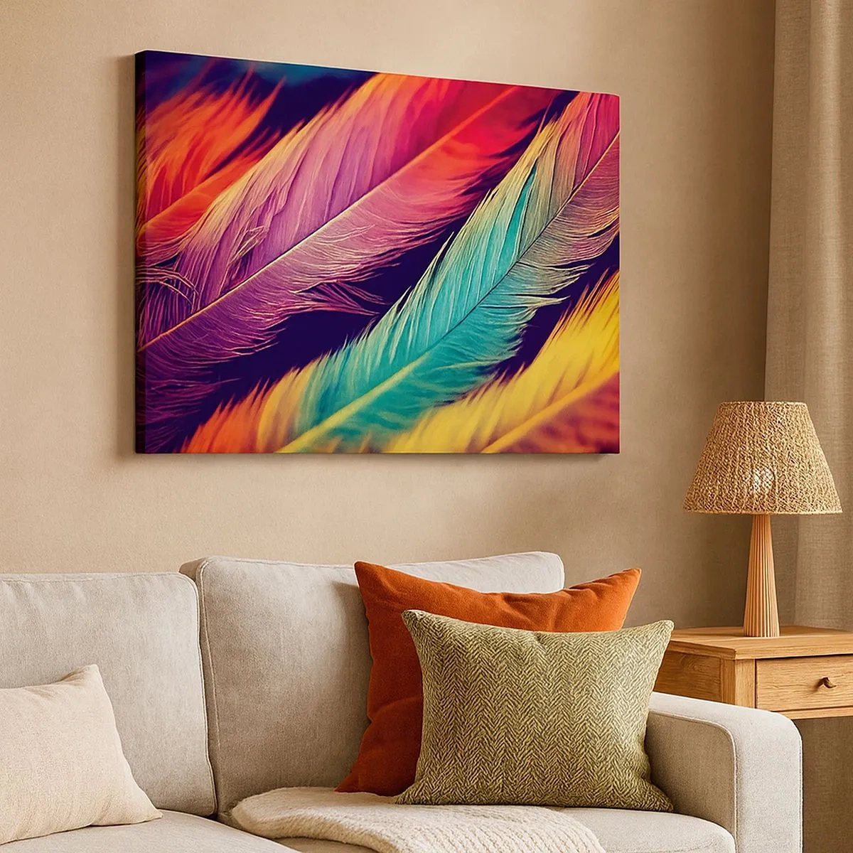 Impression sur toile - Image sur toile - Plumes colorées aux couleurs intenses - 70x50cm - Arc-en-ciel de plumes - Décoration murale moderne pour le salon et la chambre ARTTOR