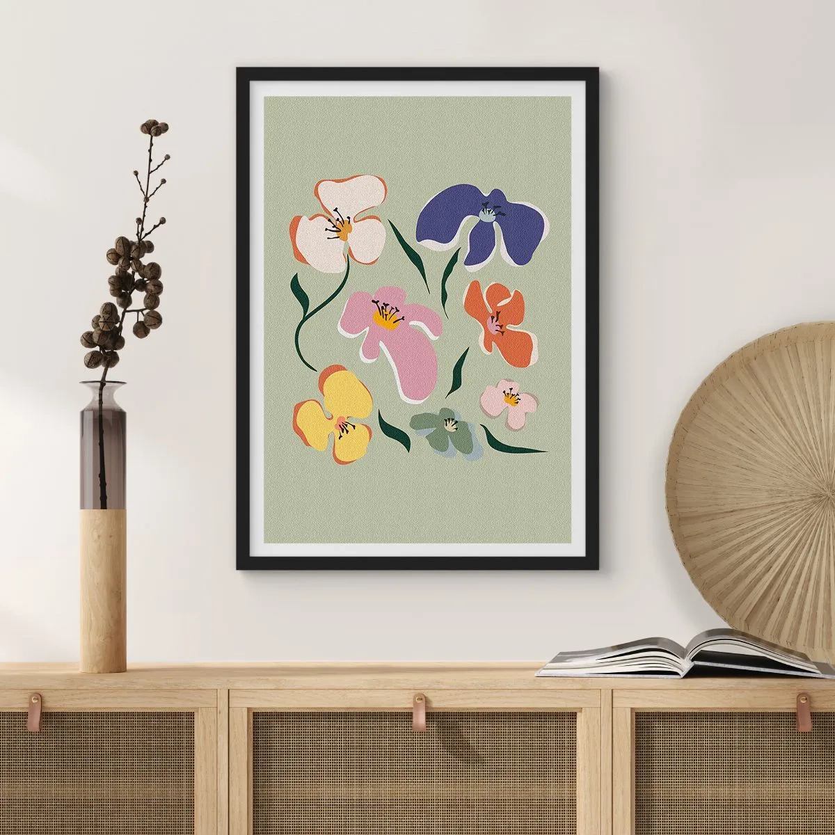 Affiche dans un cadre noir - Poster - Fleurs colorées sur fond vert dans un style artistique - 50x70cm - Des pensées pour votre frère - Décoration murale moderne pour le salon et la chambre ARTTOR