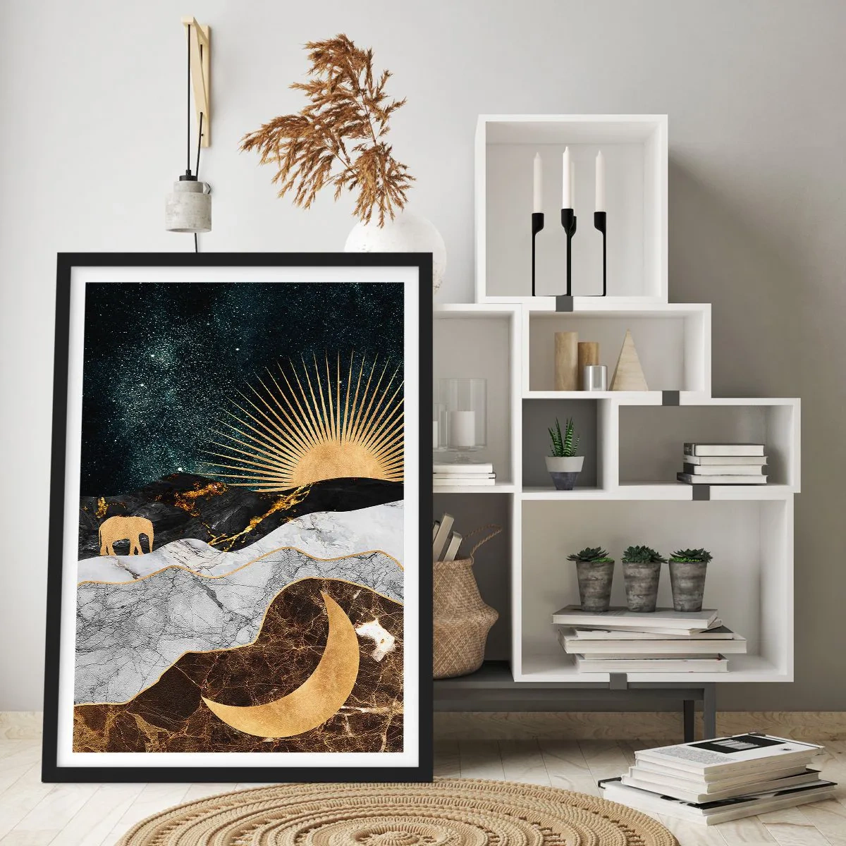 Affiche dans un cadre noir - Poster - Paysage doré avec la lune, le soleil et la silhouette d'un éléphant - 50x70cm - Lois éternelles - Décoration murale moderne pour le salon et la chambre ARTTOR
