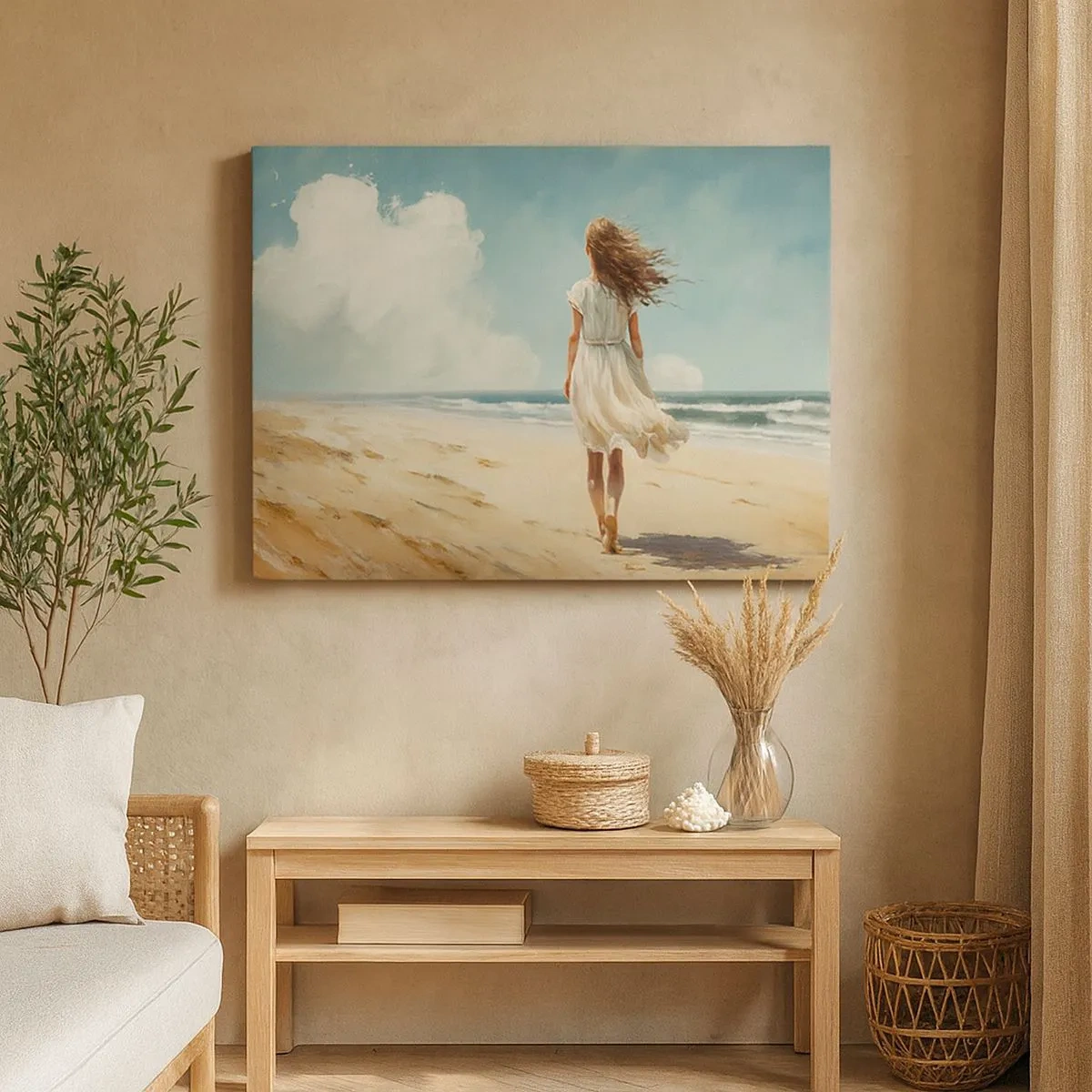 Impression sur toile - Image sur toile - Une femme en robe blanche marchant sur la plage par une journée ensoleillée - 70x50cm - Pour rencontrer le soleil et le vent - Décoration murale moderne pour le salon et la chambre ARTTOR
