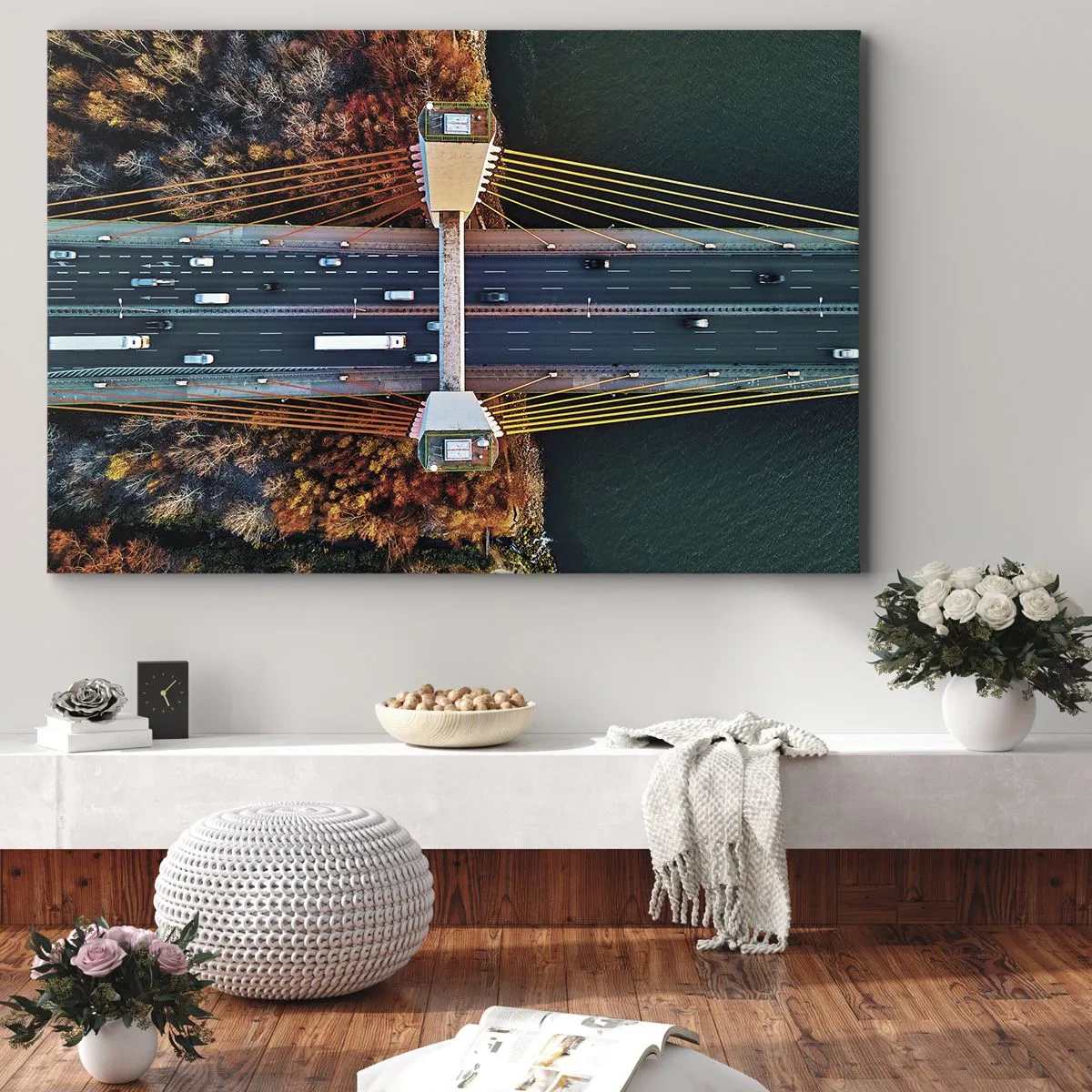 Impression sur toile - Image sur toile - Vue aérienne du pont sur la rivière et du paysage d'automne - 70x50cm - Au dessus de l'eau et de la forêt - Décoration murale moderne pour le salon et la chambre ARTTOR