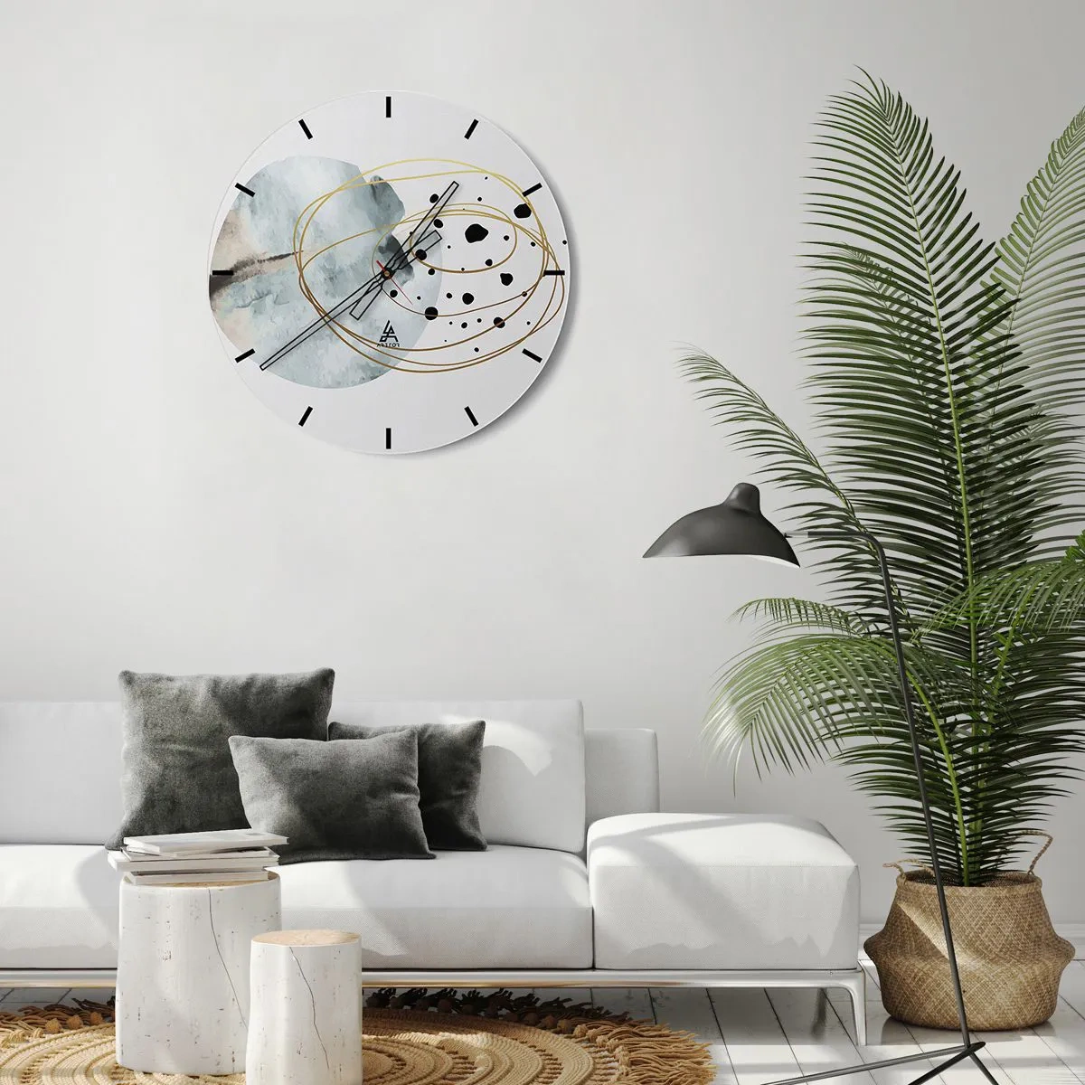Horloge murale - Pendule murale - Lignes dorées abstraites et points noirs sur fond clair - 30x30cm - Emmêlement de l'espace - Décoration murale moderne pour le salon, la cuisine et la chambre ARTTOR