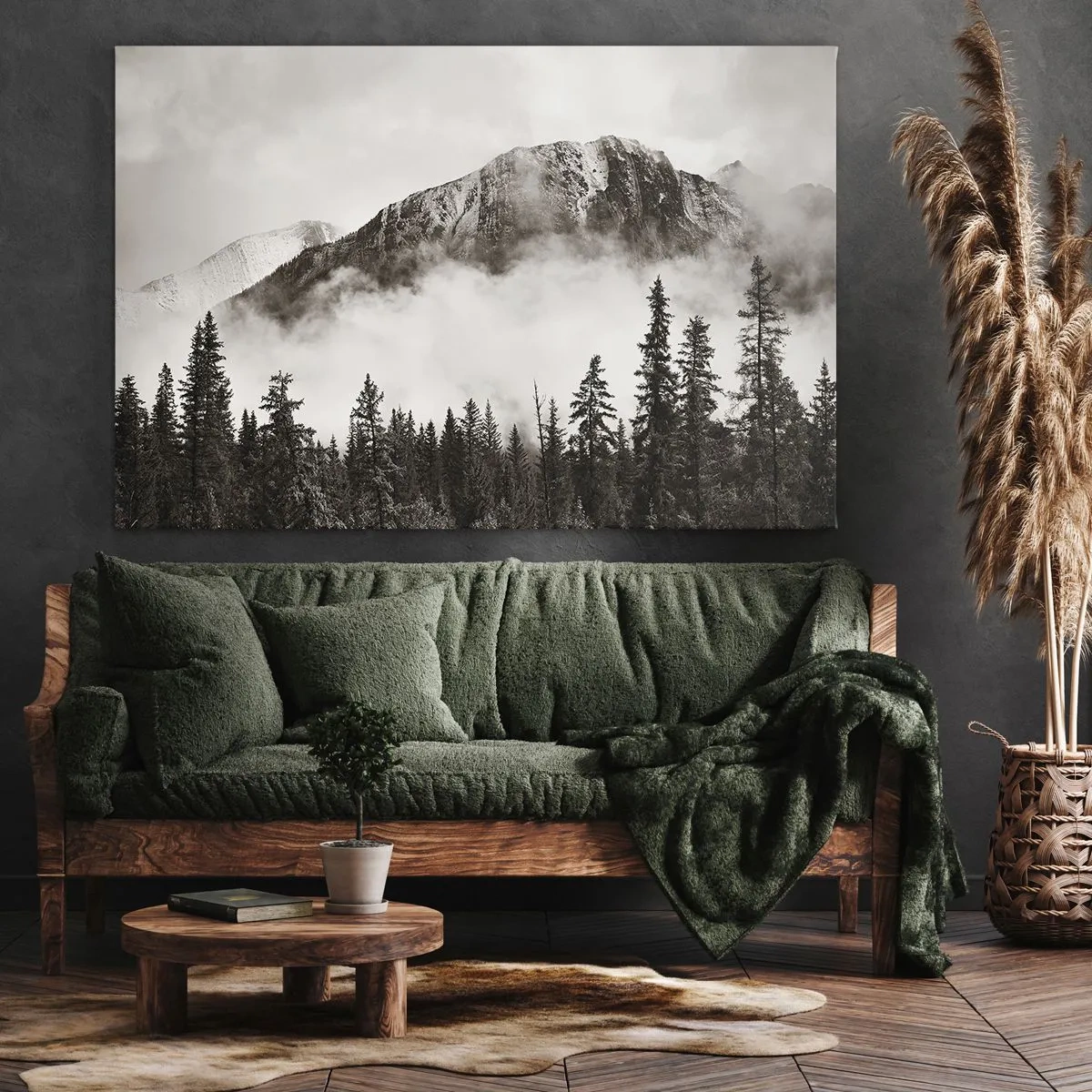 Impression sur toile - Image sur toile - Un sommet de montagne pittoresque entouré de brouillard et d'une forêt aux tons sépia - 70x50cm - Seigneur de granite - Décoration murale moderne pour le salon et la chambre ARTTOR