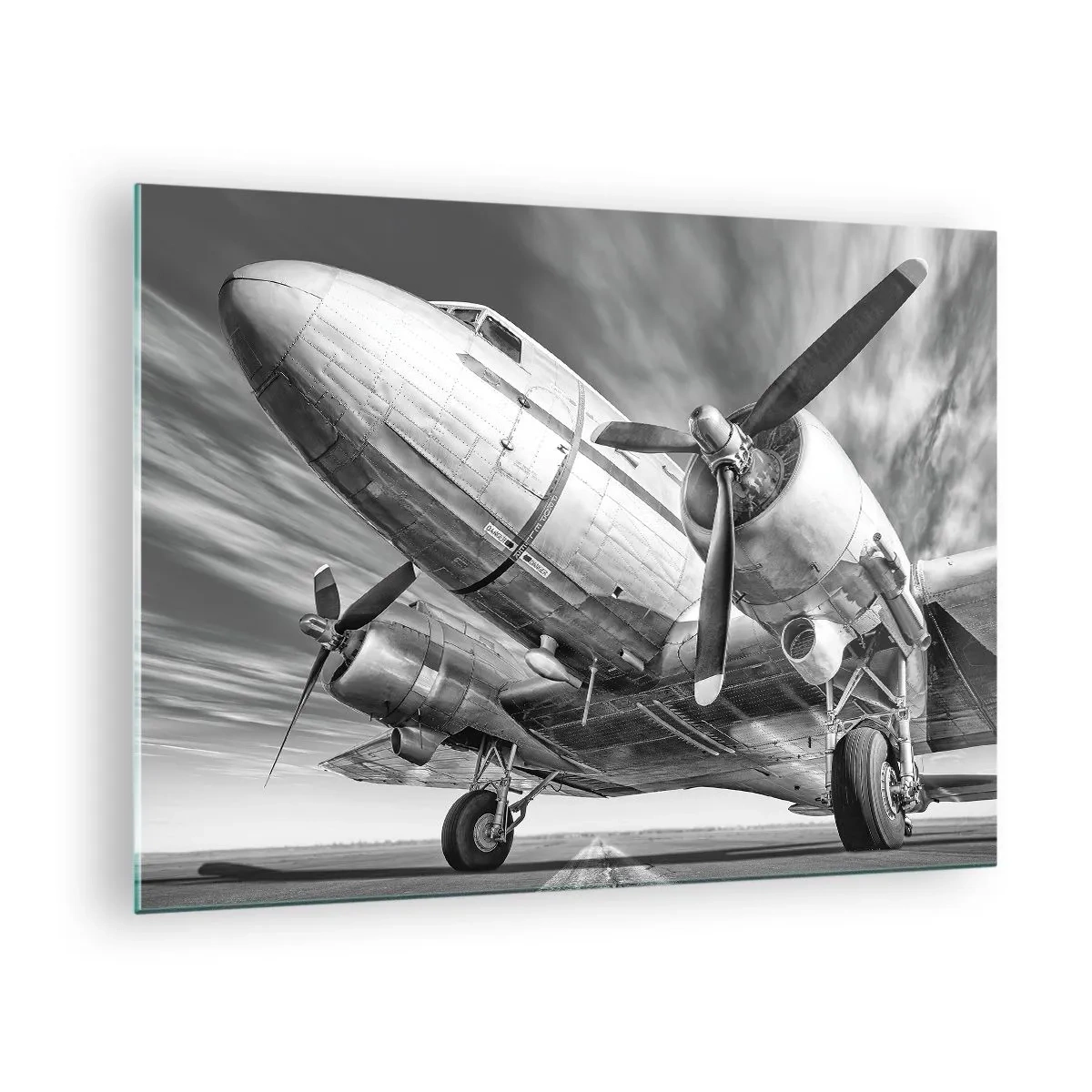 Impression sur verre - Image sur verre - Un avion à hélice noir et blanc sur la piste - 70x50cm - Toujours prêt à voler - Décoration murale moderne pour le salon et la chambre ARTTOR