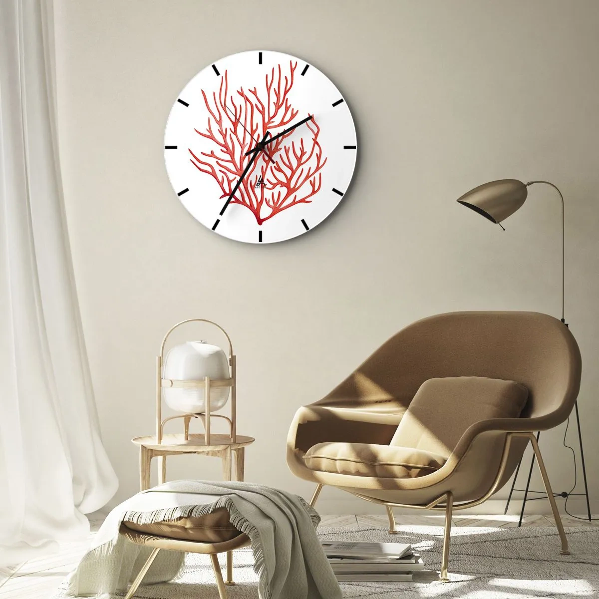Horloge murale - Pendule murale - Dessin rouge de corail sur fond blanc - 30x30cm - Filigrane de corail - Décoration murale moderne pour le salon, la cuisine et la chambre ARTTOR