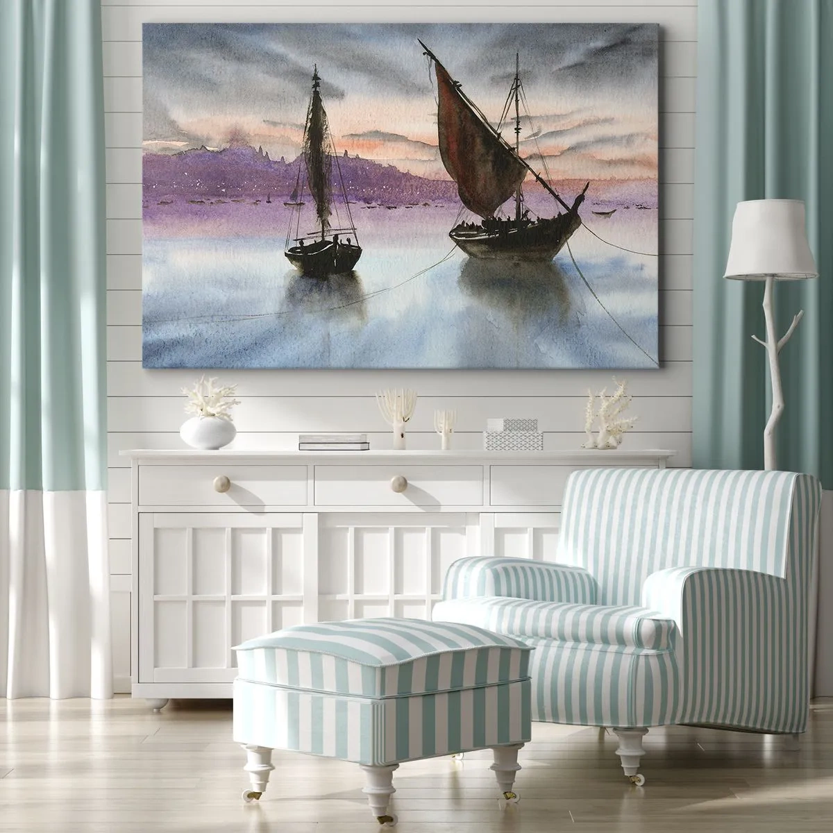 Impression sur toile - Image sur toile - Deux voiliers amarrés sur une eau calme au crépuscule - 70x50cm - Soirée au port - Décoration murale moderne pour le salon et la chambre ARTTOR