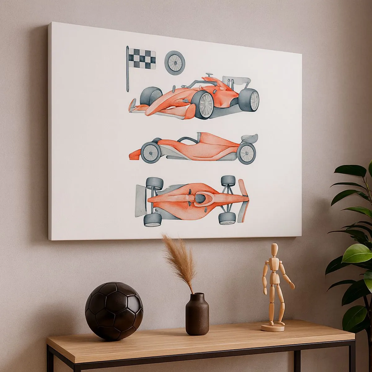 Impression sur toile - Image sur toile - Une voiture de course rouge avec un drapeau à damier - 70x50cm - poursuis ton rêve - Décoration murale moderne pour le salon et la chambre ARTTOR
