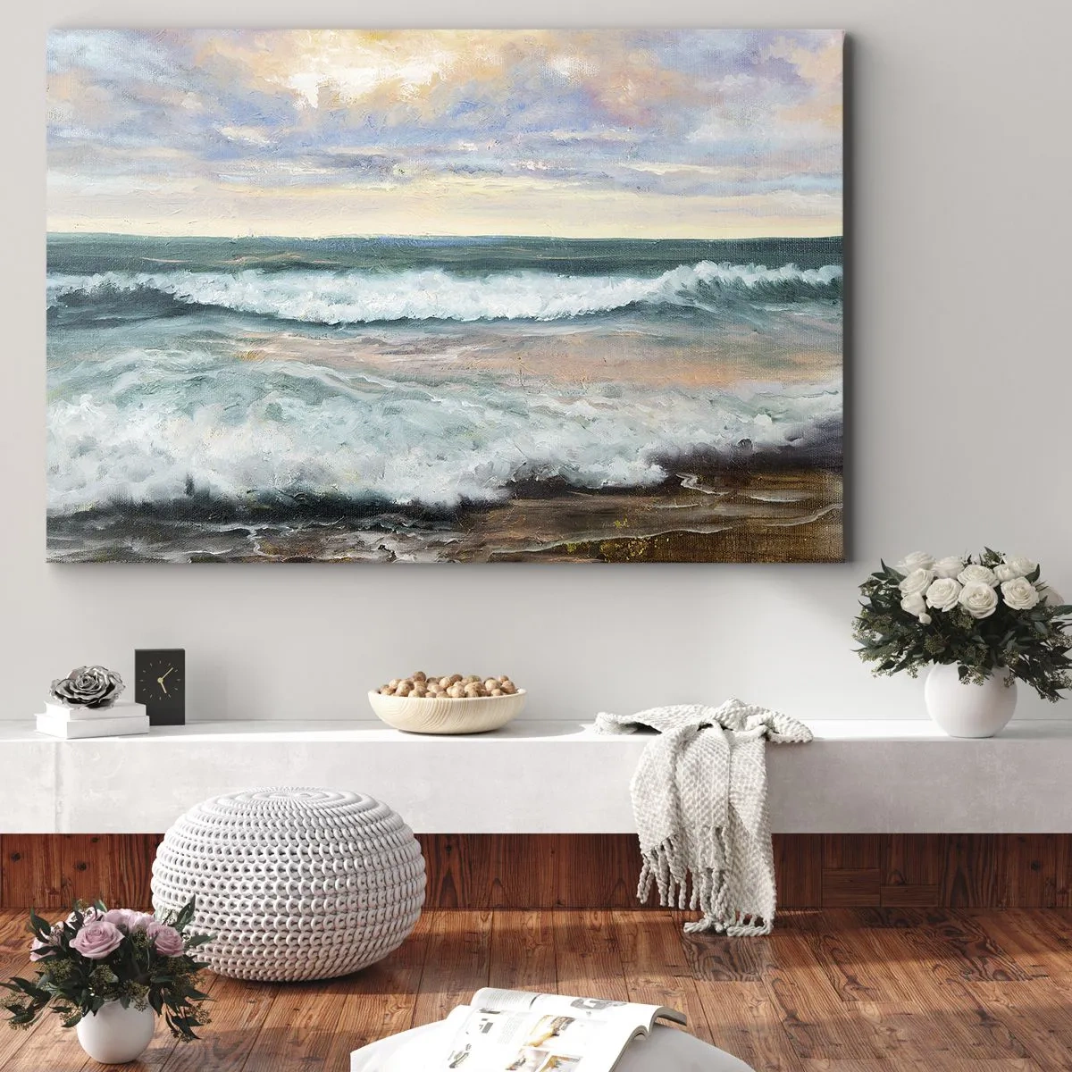 Impression sur toile - Image sur toile - Vagues de la mer contre un ciel nuageux au coucher du soleil - 70x50cm - Ici tu adouciras ton âme - Décoration murale moderne pour le salon et la chambre ARTTOR