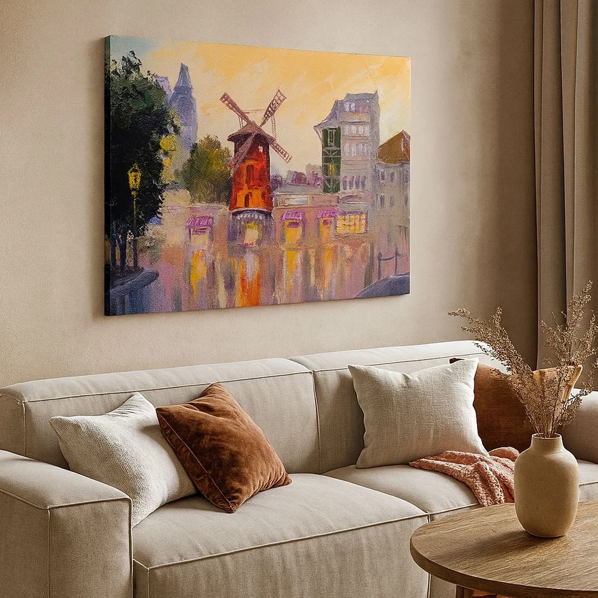 Impression sur toile - Image sur toile - Le moulin à vent rouge du Moulin Rouge entouré par le paysage urbain - 70x50cm - Icones parisiennes – le Moulin rouge - Décoration murale moderne pour le salon et la chambre ARTTOR