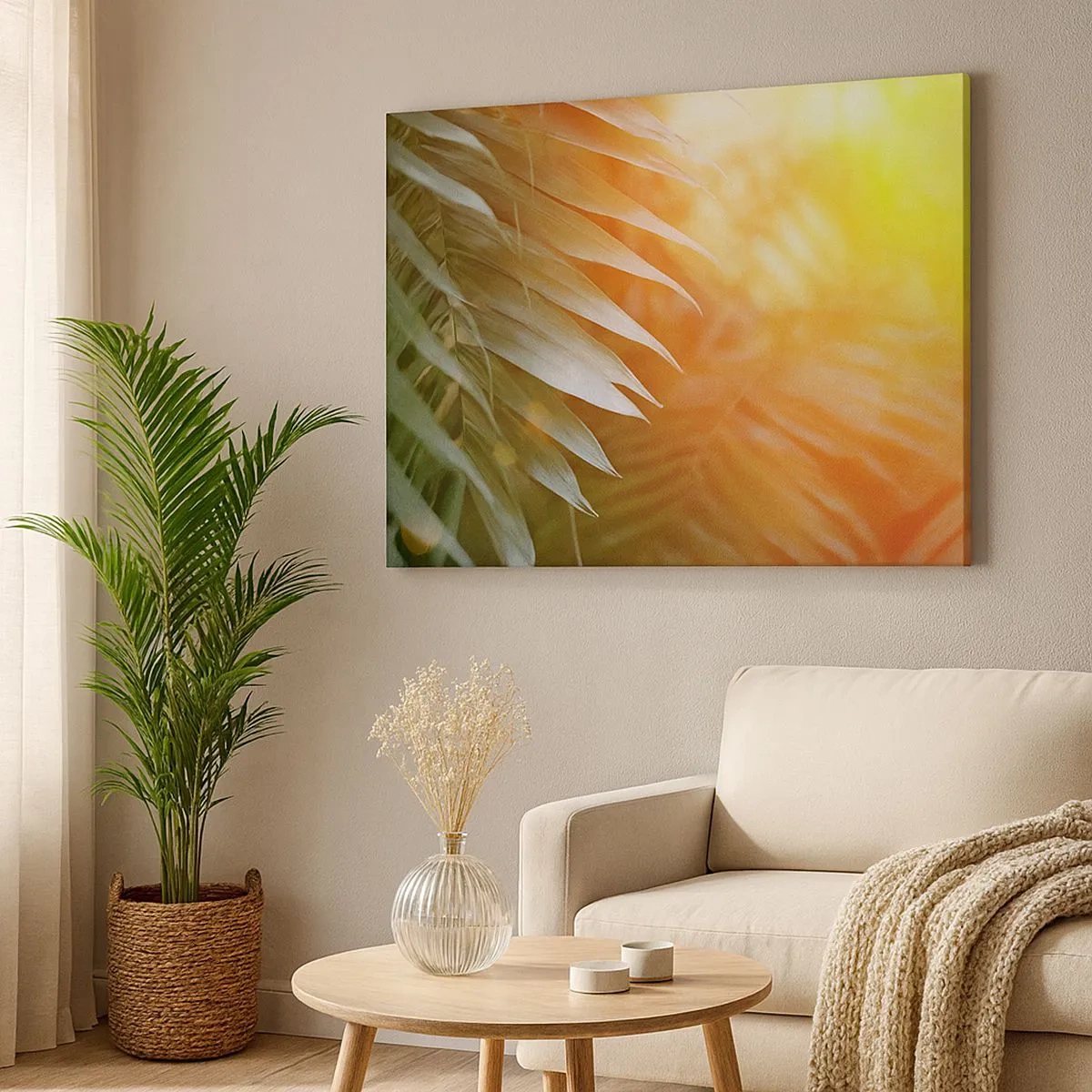 Impression sur toile - Image sur toile - Feuilles de palmier dans les rayons du soleil couchant - 70x50cm - Matinée dans la jungle - Décoration murale moderne pour le salon et la chambre ARTTOR
