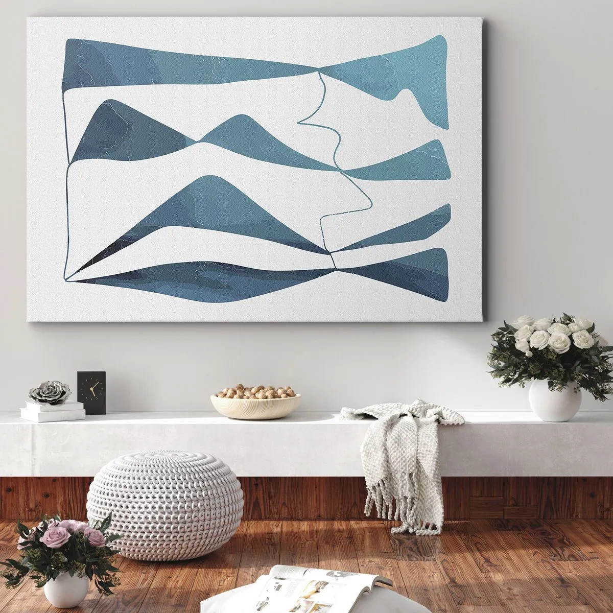 Impression sur toile - Image sur toile - Formes abstraites dans des tons de bleu sur fond blanc - 70x50cm - Abstraction : composé turquoise - Décoration murale moderne pour le salon et la chambre ARTTOR