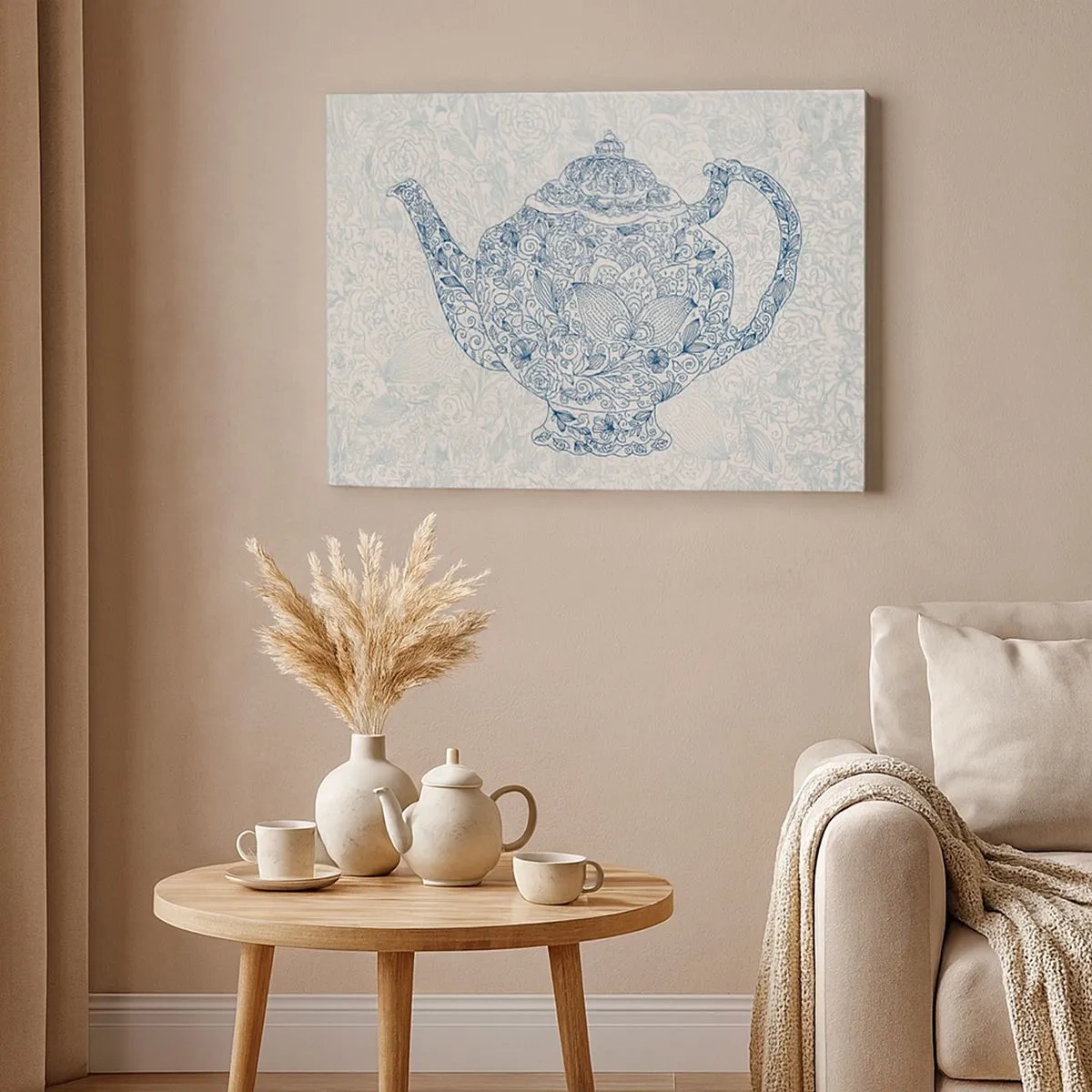 Impression sur toile - Image sur toile - Dessin décoratif d'une théière avec des ornements bleus - 70x50cm - Le charme du thé - Décoration murale moderne pour le salon et la chambre ARTTOR
