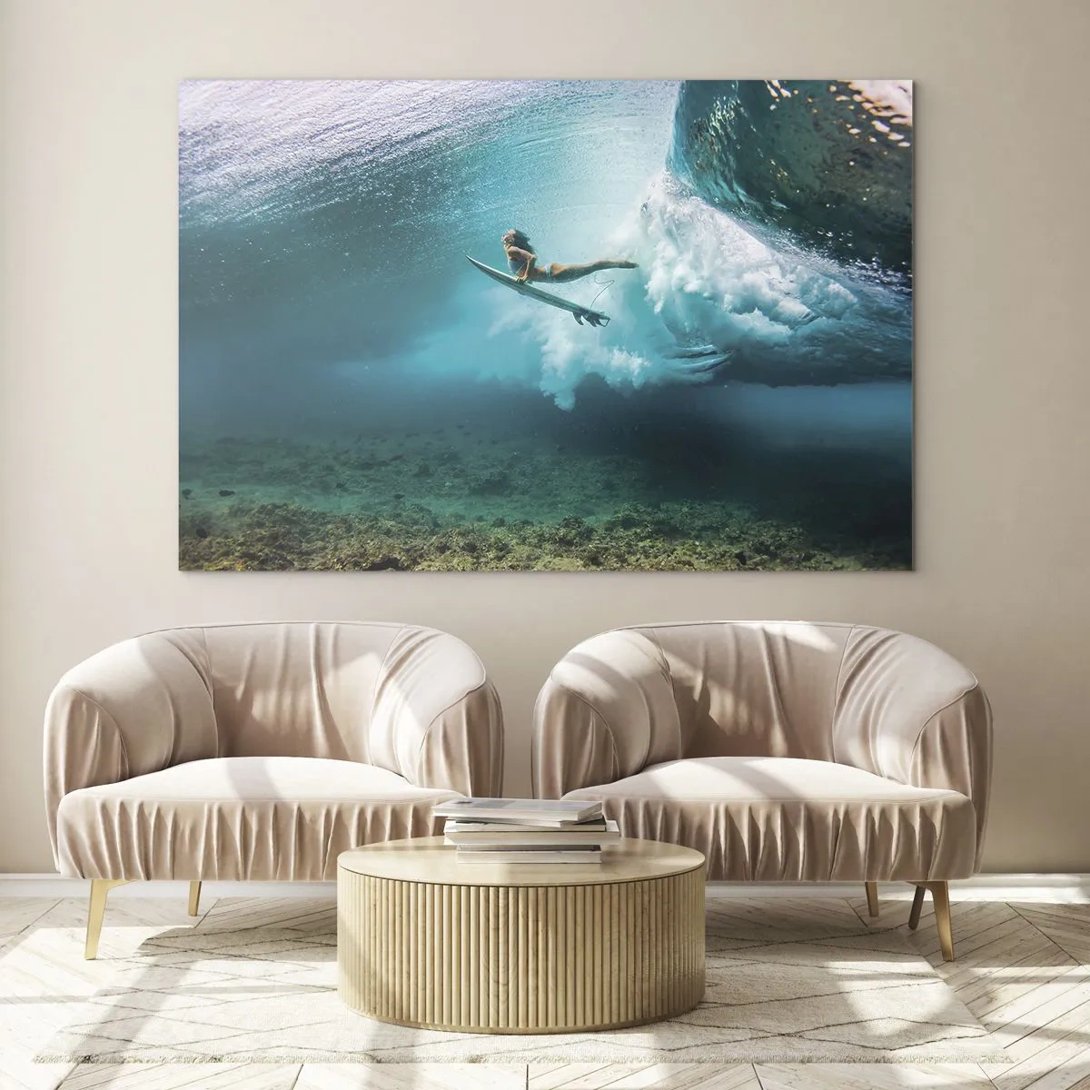 Impression sur verre - Image sur verre - Surfeur sous l'eau parmi les vagues avec une planche de surf - 70x50cm - Monde sous marin - Décoration murale moderne pour le salon et la chambre ARTTOR