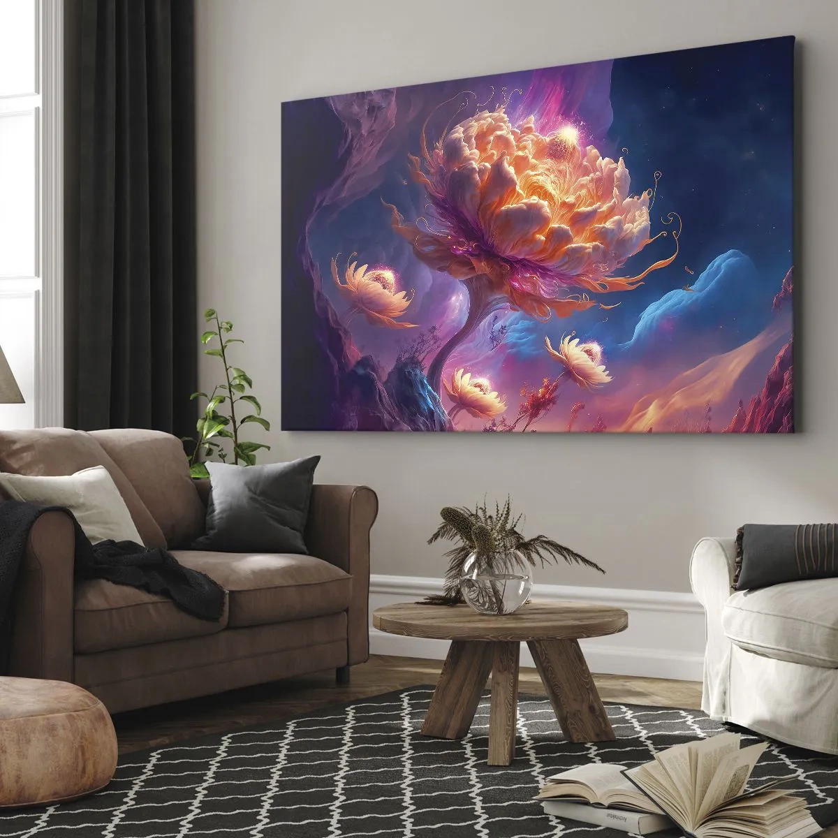 Impression sur toile - Image sur toile - Fleurs fantastiques dans un paysage cosmique - 70x50cm - Un autre monde - Décoration murale moderne pour le salon et la chambre ARTTOR
