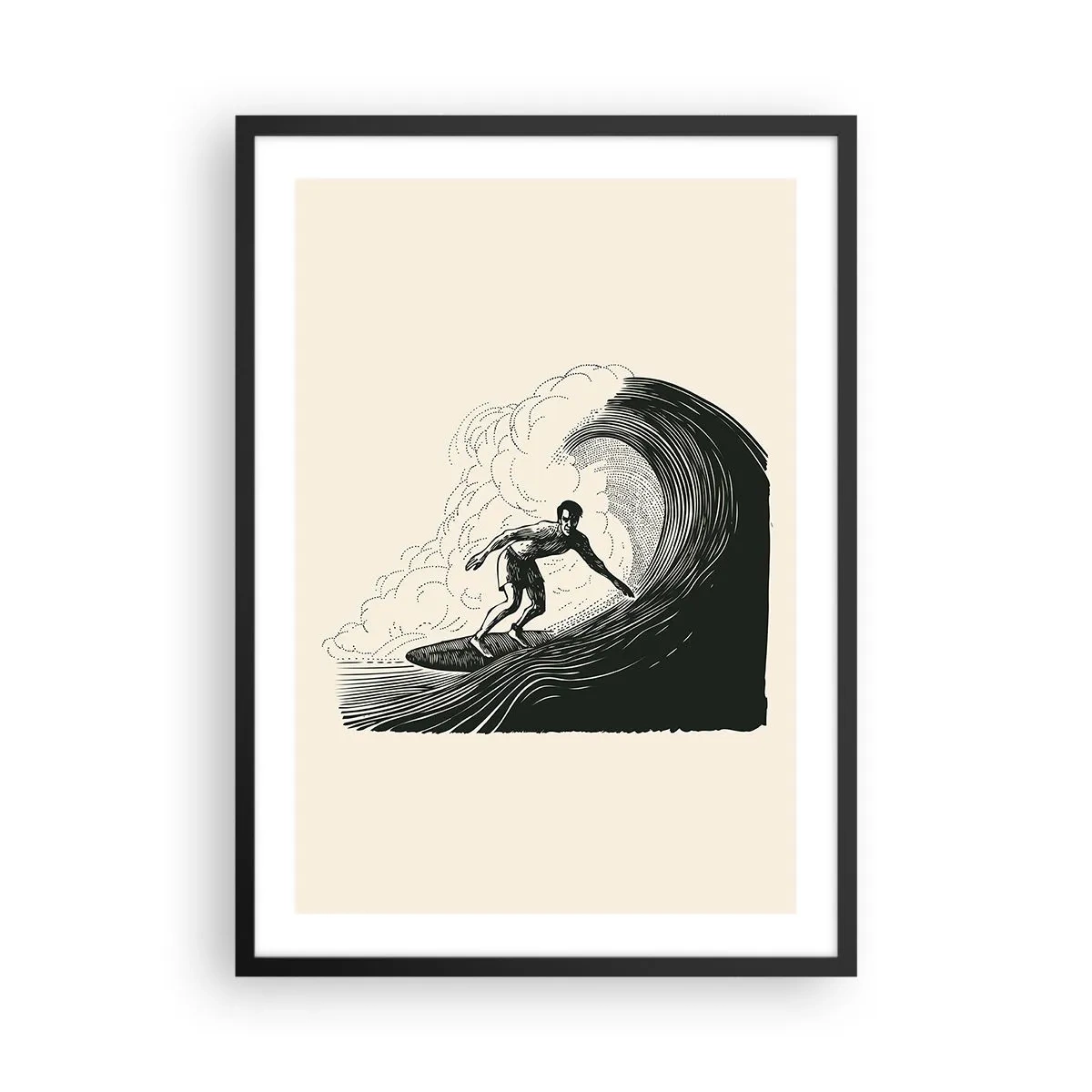 Affiche dans un cadre noir - Poster - Graphique rétro de surfeur sur une vague, composition noire et crème - 50x70cm - Le roi de la vague - Décoration murale moderne pour le salon et la chambre ARTTOR