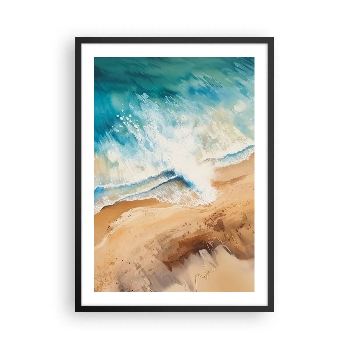 Affiche dans un cadre noir - Poster - Une scène abstraite d'une vague s'écrasant sur le rivage dans des tons turquoise et sable. - 50x70cm - La vague qui revient - Décoration murale moderne pour le salon et la chambre ARTTOR