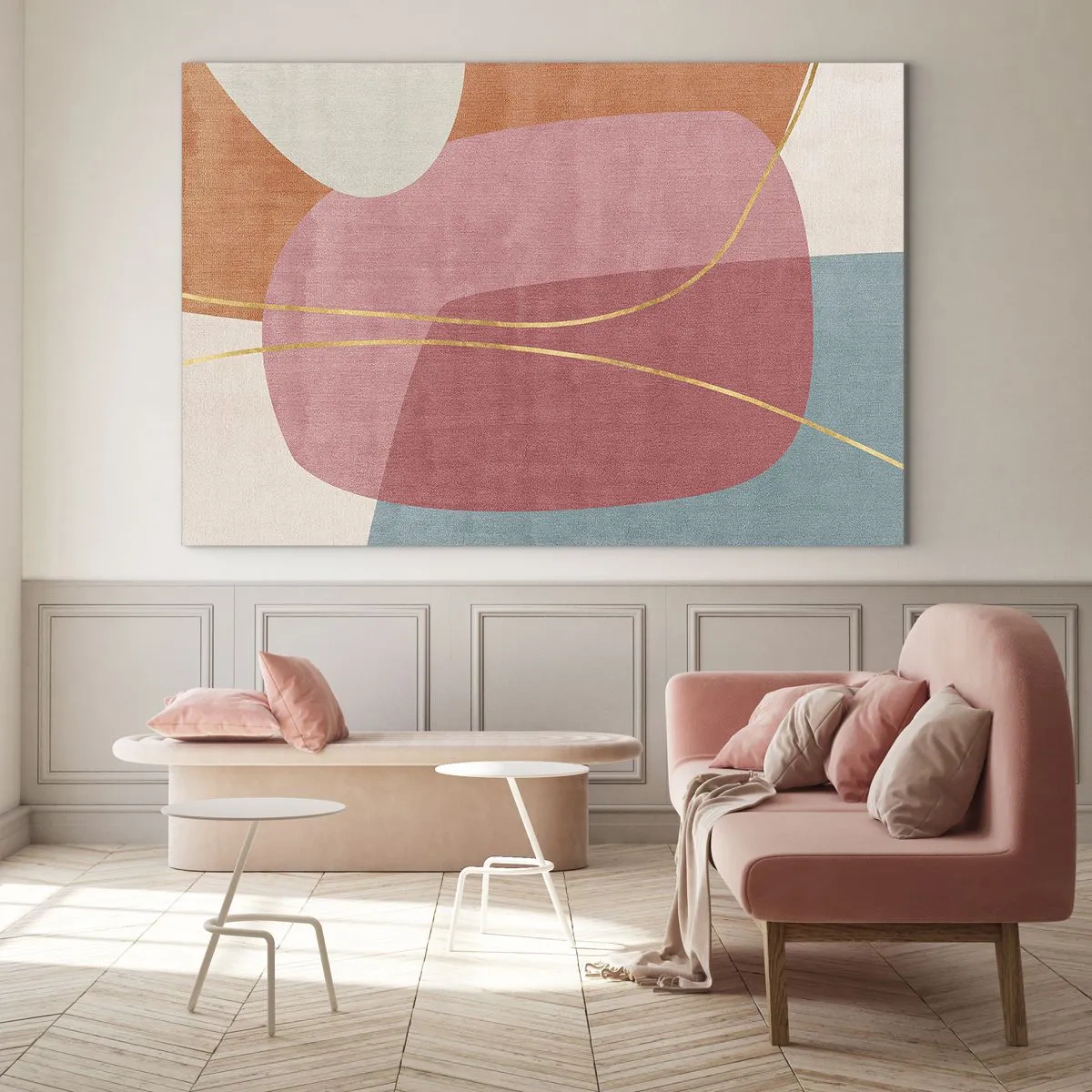 Impression sur verre - Image sur verre - Formes pastel avec des lignes dorées entrecroisées - 70x50cm - Composition pastel au fil d'or - Décoration murale moderne pour le salon et la chambre ARTTOR