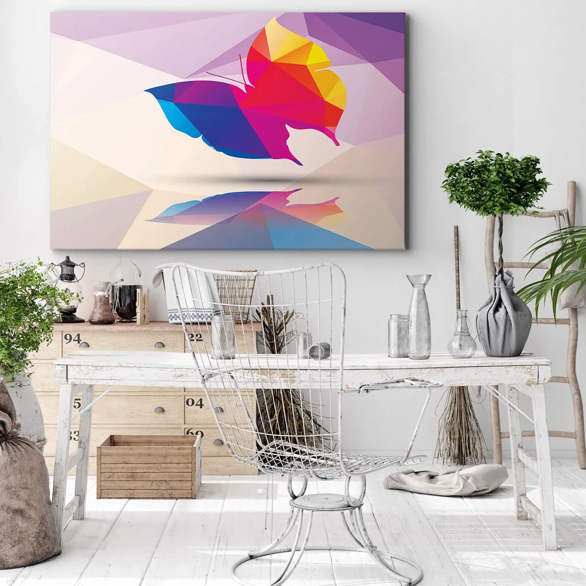 Impression sur toile - Image sur toile - Silhouette de papillon géométrique aux couleurs vives - 70x50cm - Papillon arc-en-ciel - Décoration murale moderne pour le salon et la chambre ARTTOR