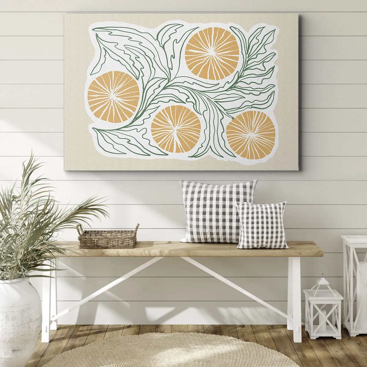 Impression sur toile - Image sur toile - Un motif orange minimaliste avec des feuilles vertes - 70x50cm - Ethnique avec une pointe d'abstraction - Décoration murale moderne pour le salon et la chambre ARTTOR