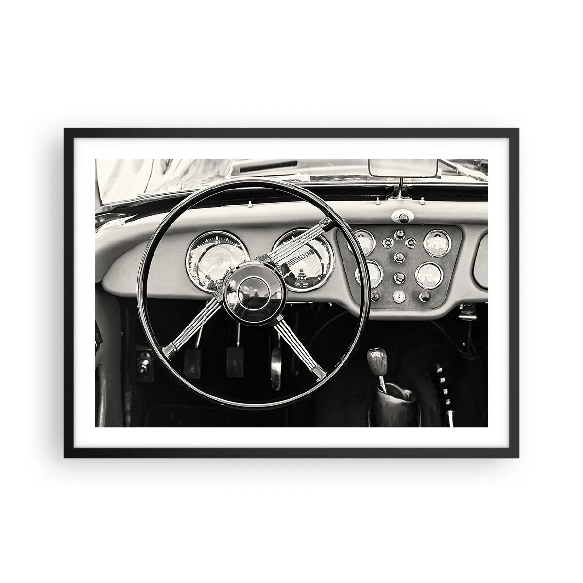 Affiche dans un cadre noir - Poster - Intérieur de voiture classique noir et blanc - 70x50cm - Rêve de collectionneur - Décoration murale moderne pour le salon et la chambre ARTTOR