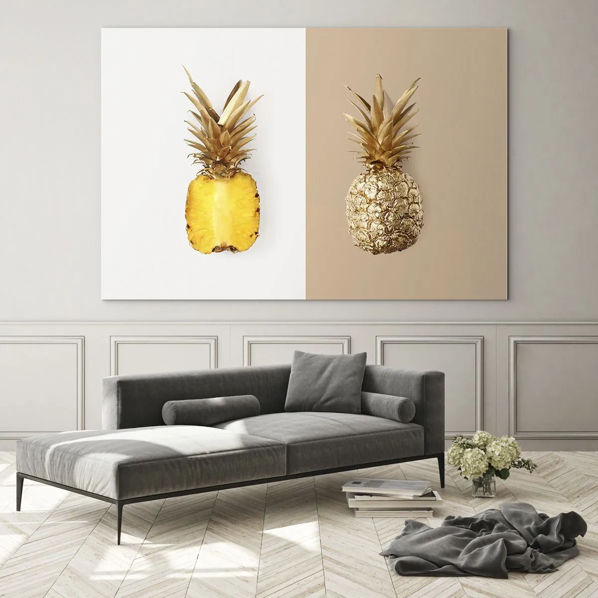 Impression sur verre - Image sur verre - Un ananas tranché et doré sur deux fonds contrastés - 70x50cm - Ananas pour nous - Décoration murale moderne pour le salon et la chambre ARTTOR