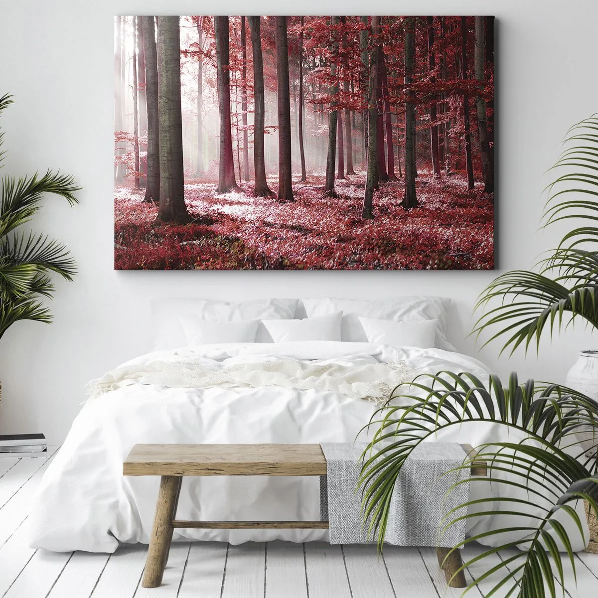 Impression sur toile - Image sur toile - Une forêt époustouflante aux teintes rouges avec des rayons de lumière pénétrant à travers les arbres - 70x50cm - Le rouge est tout aussi beau - Décoration murale moderne pour le salon et la chambre ARTTOR