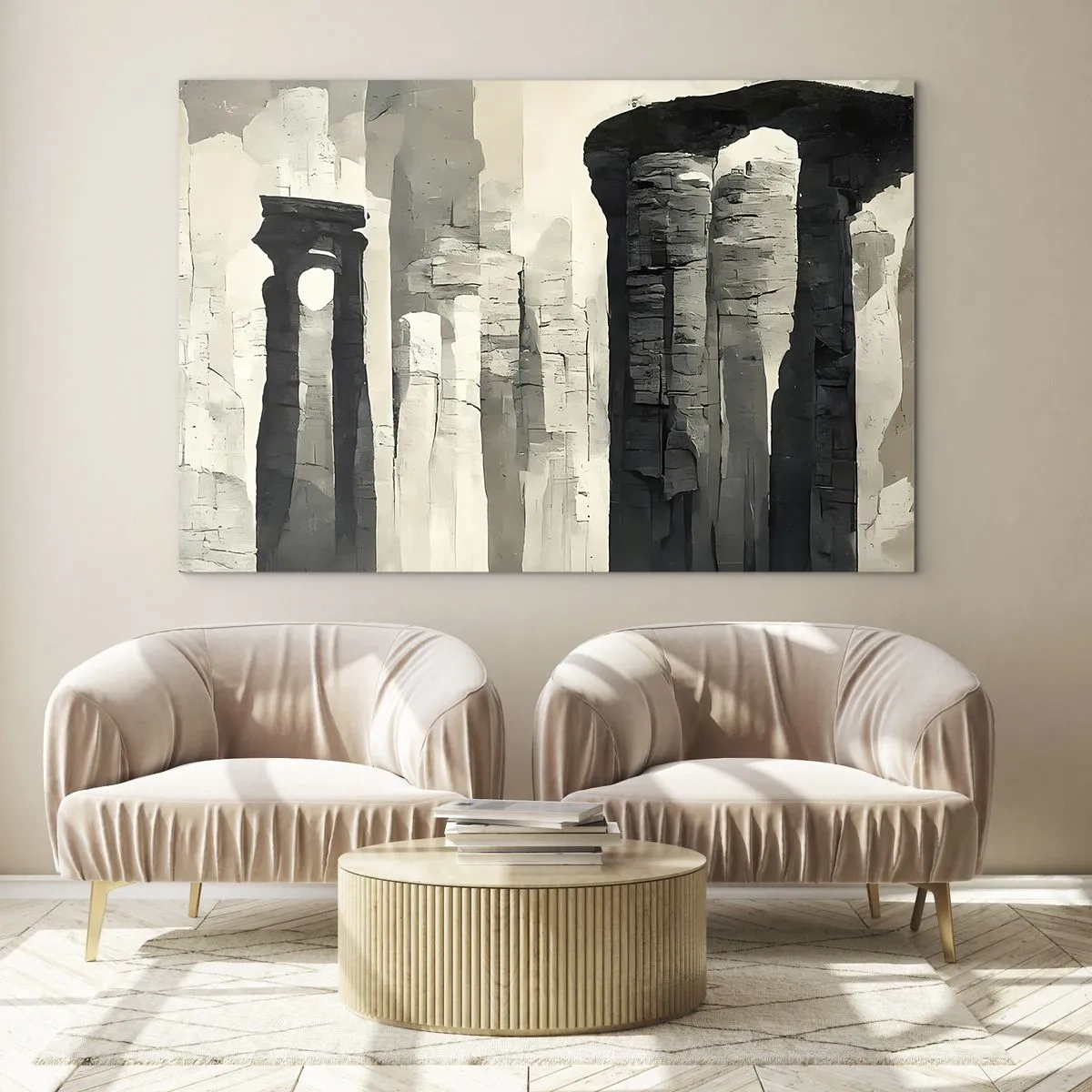 Impression sur verre - Image sur verre - Colonnes en pierre de style antique dans une palette de couleurs neutres - 70x50cm - La majesté de l'Antiquité - Décoration murale moderne pour le salon et la chambre ARTTOR